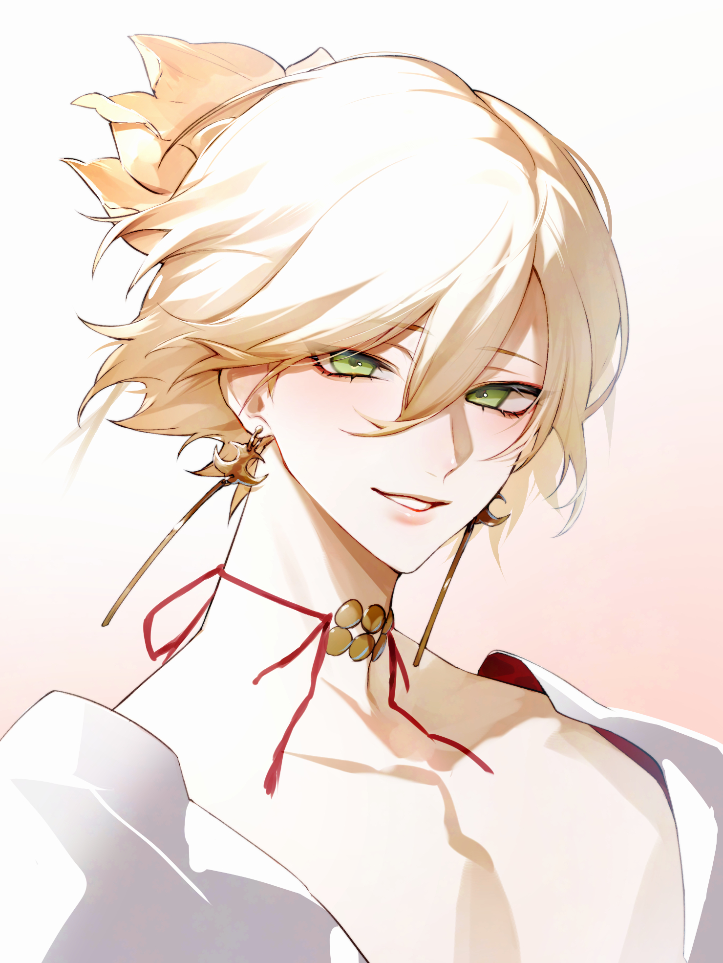 konsai 2, taishakuten (onmyoji), onmyoji, highres, 1boy, blonde hair, earrings, eyelashes, eyeliner, girly boy, green eyes, hair between eyes, jewelry, makeup, male focus, red eyeliner, short hair, smile, solo, string choker, upper body