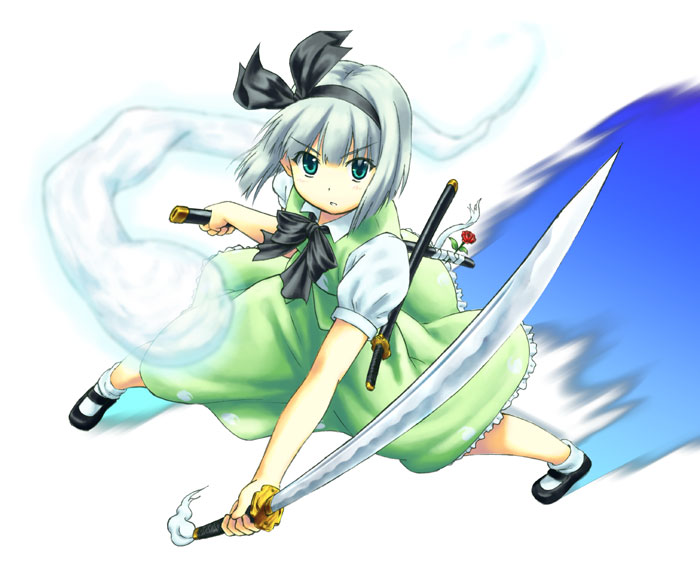 nagamori, konpaku youmu, konpaku youmu (ghost), touhou, silver hair, 1girl, aqua eyes, female focus, hairband, hitodama, katana, ribbon, school uniform, serafuku, short hair, solo, sword, weapon