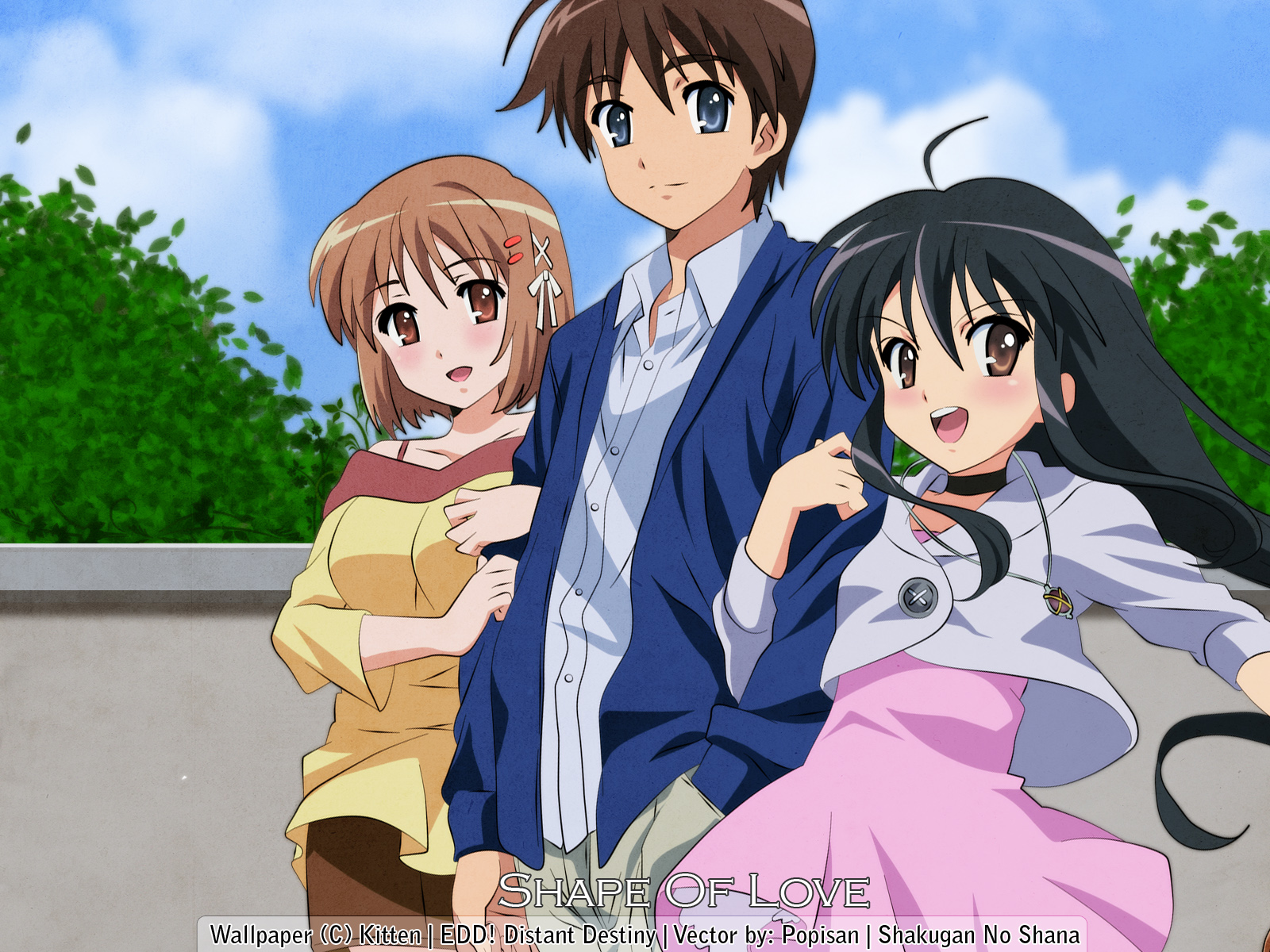 alastor (shakugan no shana), sakai yuuji, shana, yoshida kazumi, shakugan no shana, derivative work, highres, non-web source, vector trace, 00s, 1boy, 2girls, arm hug, black hair, blue eyes, brown eyes, brown hair, double arm hug, girl sandwich, jewelry, long hair, multiple girls, pendant, sandwiched, short hair