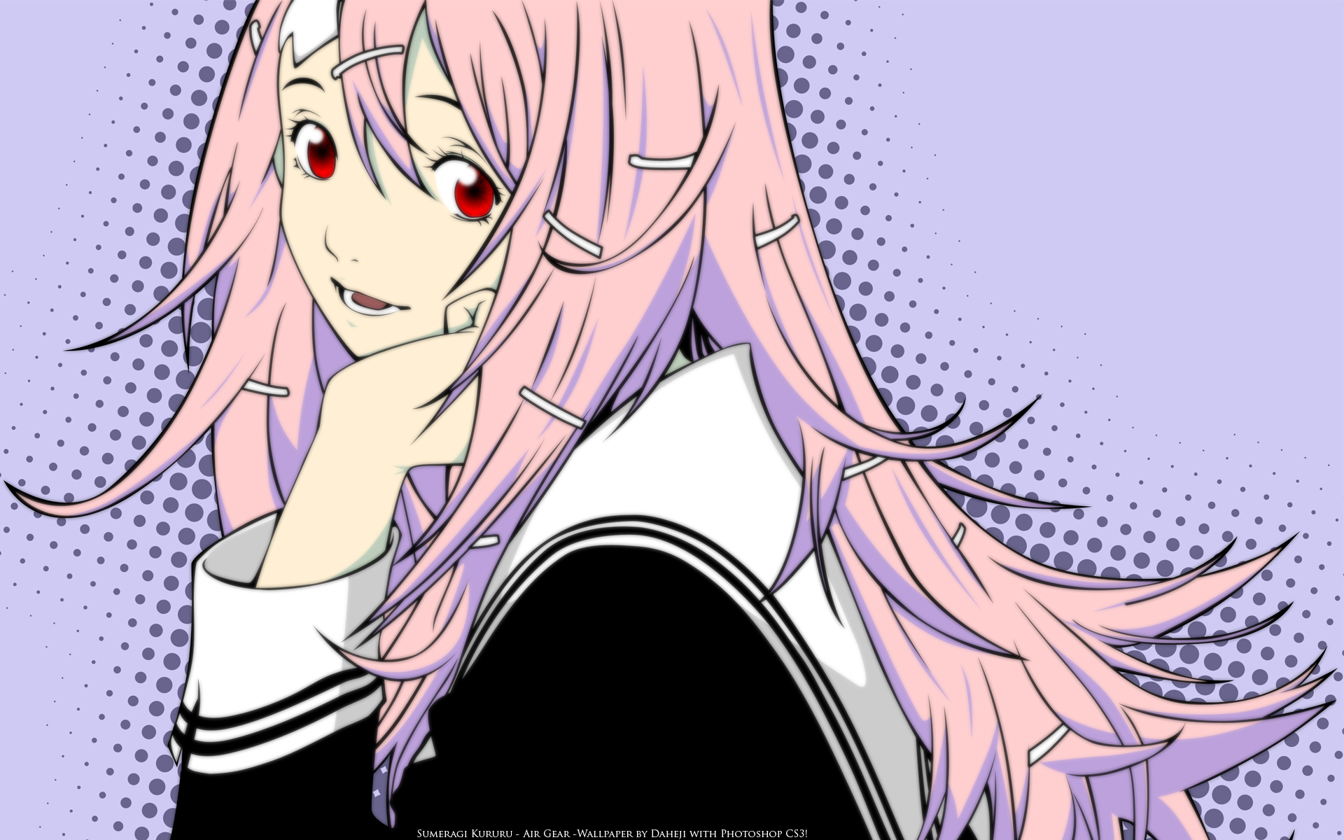 sumeragi kururu, air gear, highres, tagme, 00s, hair ornament, hairclip, pink hair, red eyes, school uniform, serafuku