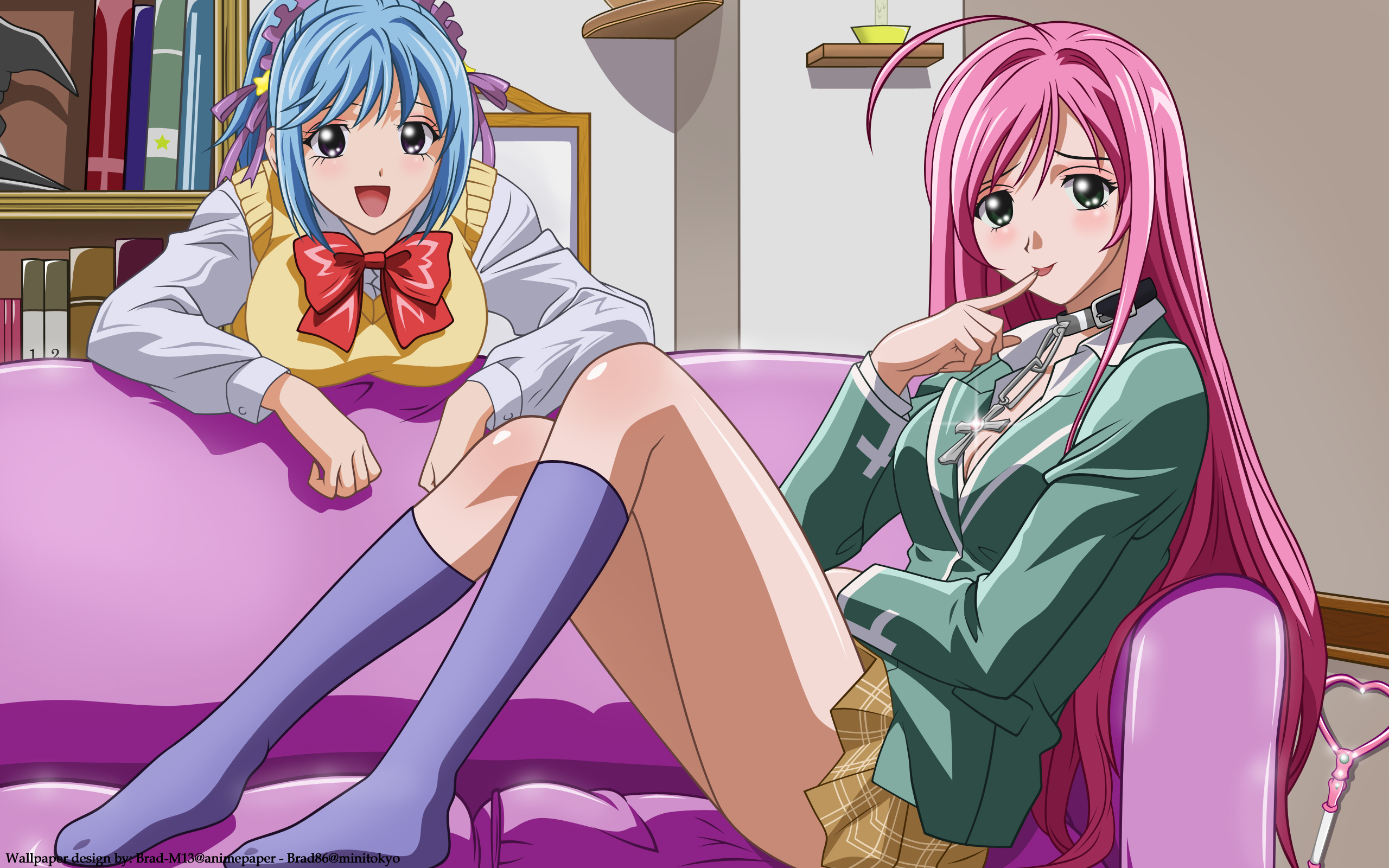 akashiya moka, kurono kurumu, rosario+vampire, derivative work, highres, tagme, vector trace, 00s, 2girls, blue hair, bookshelf, choker, couch, kneehighs, multiple girls, pink couch, pink hair, school uniform, serafuku, skirt, socks, vector art, yellow skirt