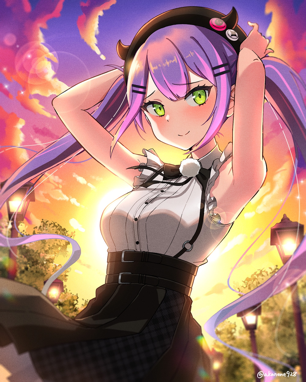 akane (akaneoekaki0928), tokoyami towa, tokoyami towa (jirai kei), hololive, commentary, highres, 1girl, armpits, arms up, black hat, black skirt, blush, closed mouth, cloud, frilled skirt, frills, gradient sky, green eyes, hair ornament, hairclip, hat, high-waist skirt, horned hat, lamppost, long hair, looking at viewer, miniskirt, orange sky, outdoors, parallel hairclips, pleated skirt, purple hair, purple sky, raised inner eyebrows, shirt, skirt, sky, sleeveless, sleeveless shirt, smile, solo, split mouth, sunset, twintails, very long hair, virtual youtuber, white shirt, yellow sky