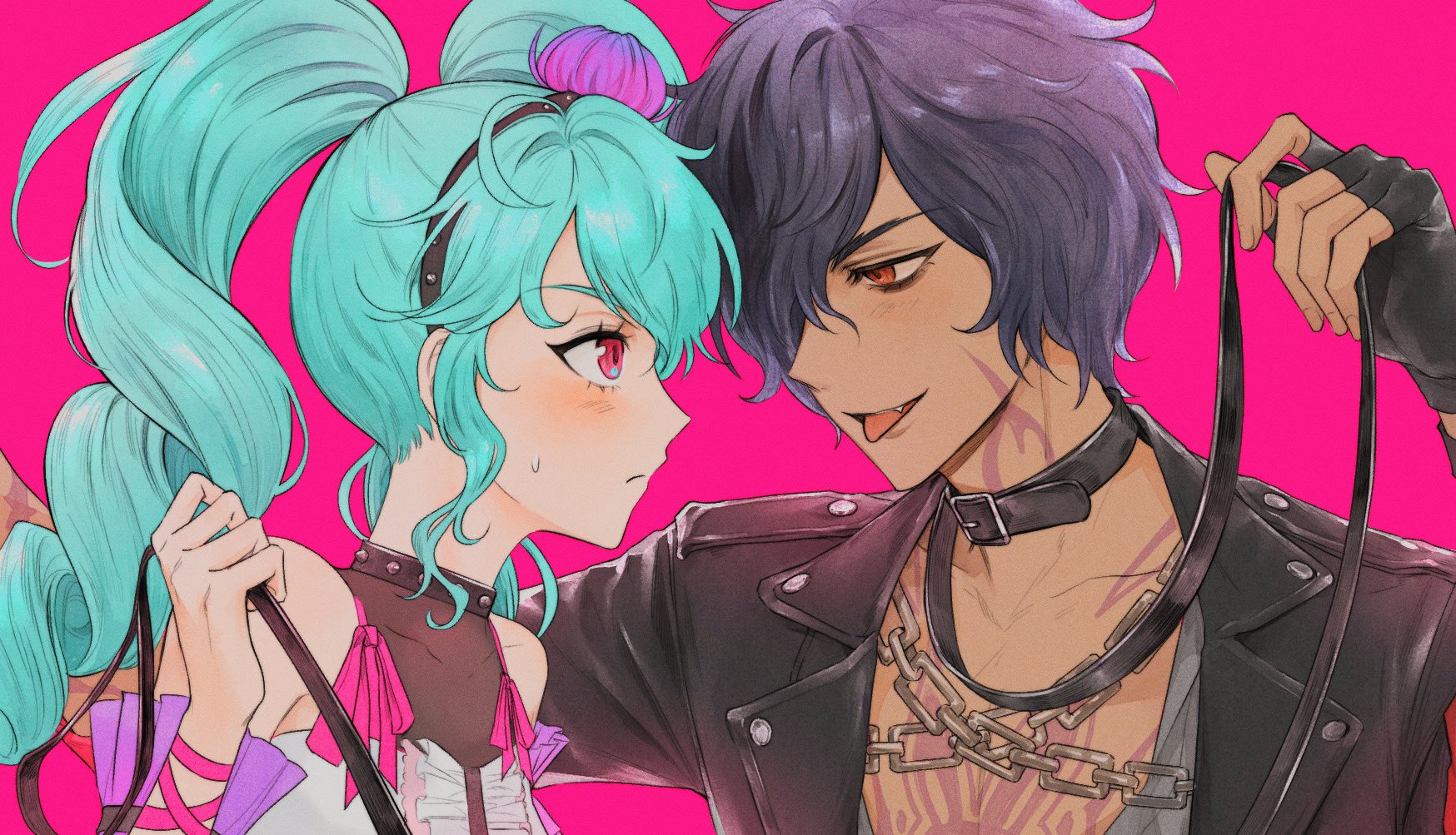 maximalist (mxximalist), katasumi amari, pretty series, pripara, commentary request, highres, 1boy, 1girl, black collar, black gloves, black hair, black hairband, black jacket, blue hair, chain, chest tattoo, collar, dark-skinned male, dark skin, drill hair, fingerless gloves, gloves, hair over one eye, hairband, holding, holding leash, idol land pripara, jacket, leash, leather, leather jacket, long hair, long sleeves, looking at another, mario (pripara), open mouth, pink background, pink eyes, profile, red eyes, short hair, smile, sweatdrop, tattoo, tongue, tongue out, twin drills, twintails, upper body