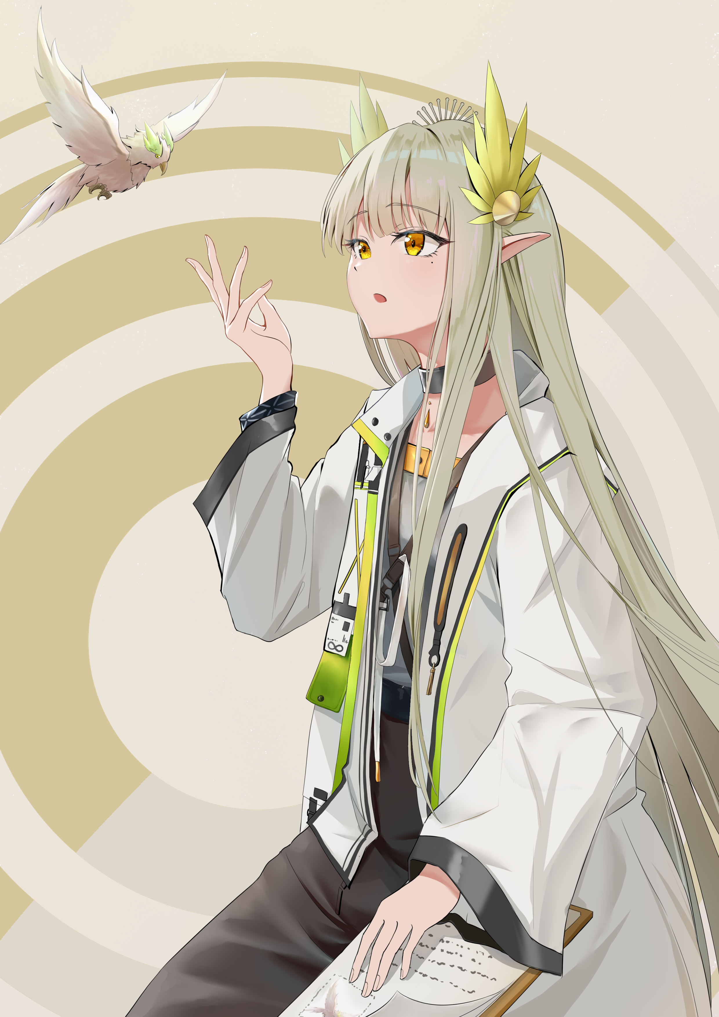infection monitor (arknights), muelsyse (arknights), arknights, absurdres, chinese commentary, commentary request, highres, 1girl, :o, animal, asslx, bird, black choker, brown background, choker, clipboard, coat, elf, fingernails, grey hair, hand up, lab coat, long hair, long sleeves, looking at animal, mole, mole under eye, open clothes, open coat, open mouth, paper, pointy ears, solo, white coat, yellow eyes