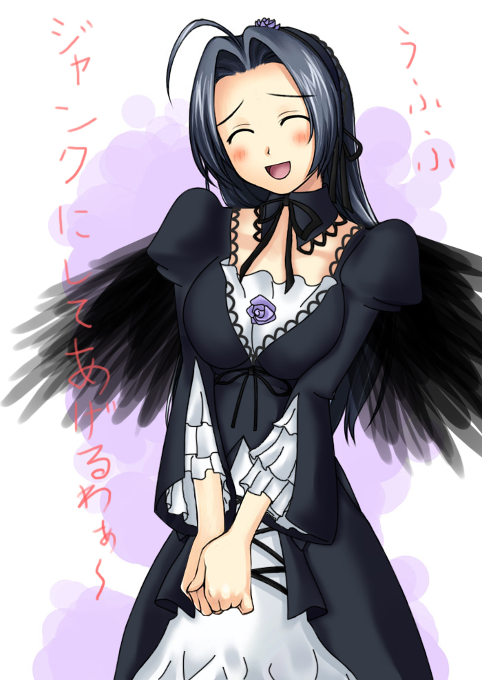 tanaka shoutarou, miura azusa, suigintou, idolmaster, idolmaster (classic), idolmaster 1, rozen maiden, 1girl, ahoge, blush, breasts, closed eyes, cosplay, female focus, long hair, solo, suigintou (cosplay), wings