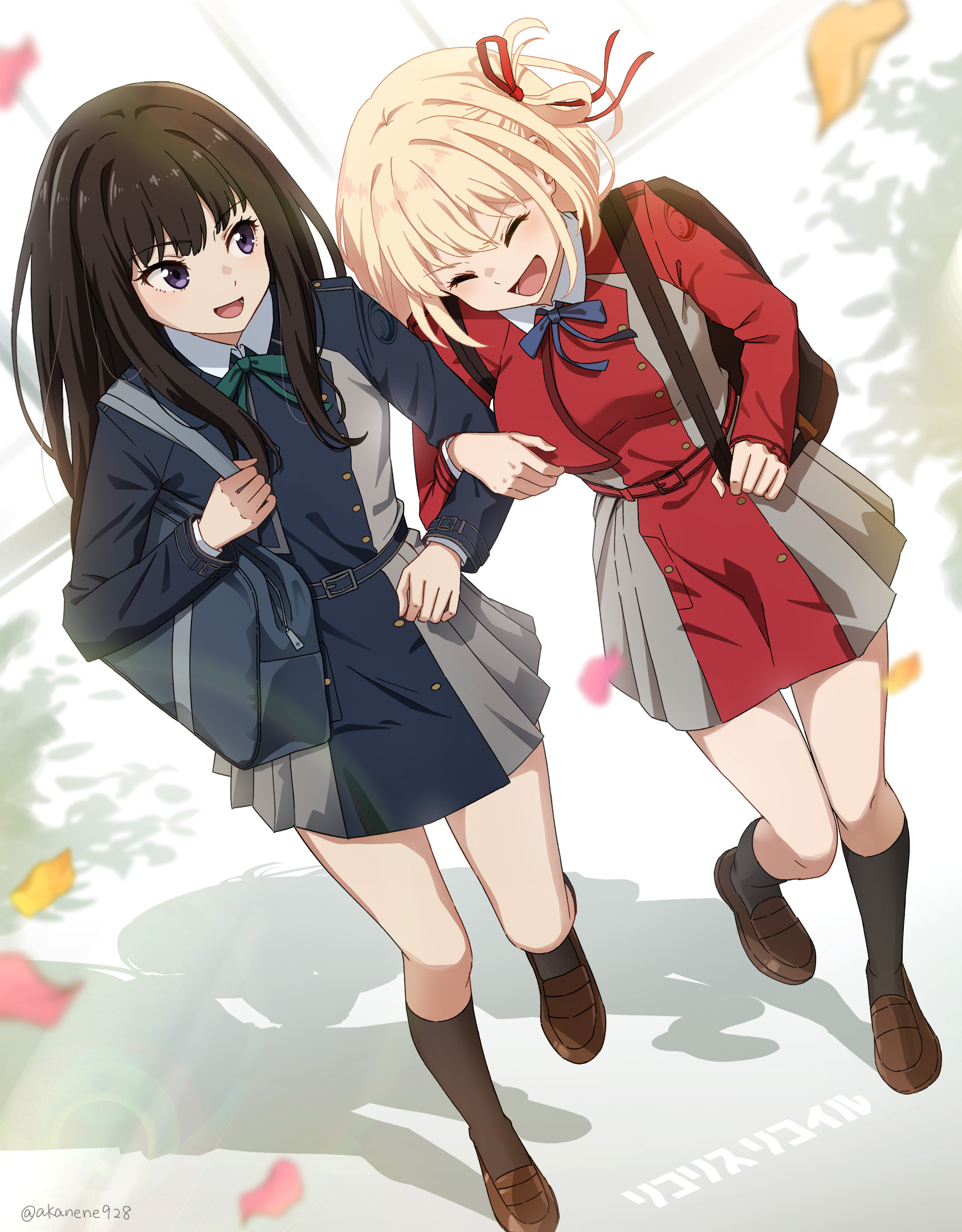 akane (akaneoekaki0928), inoue takina, nishikigi chisato, lycoris recoil, commentary request, highres, 2girls, :d, ^ ^, bag, black hair, black socks, blonde hair, blue dress, blue ribbon, breasts, brown shoes, closed eyes, copyright name, dress, full body, green ribbon, hair ribbon, hair rings, half updo, jacket, large breasts, loafers, locked arms, long hair, long sleeves, looking at another, multiple girls, neck ribbon, open mouth, pleated dress, purple eyes, red dress, red jacket, red ribbon, ribbon, school bag, shoes, short dress, short hair, single hair ring, smile, socks, v-shaped eyebrows