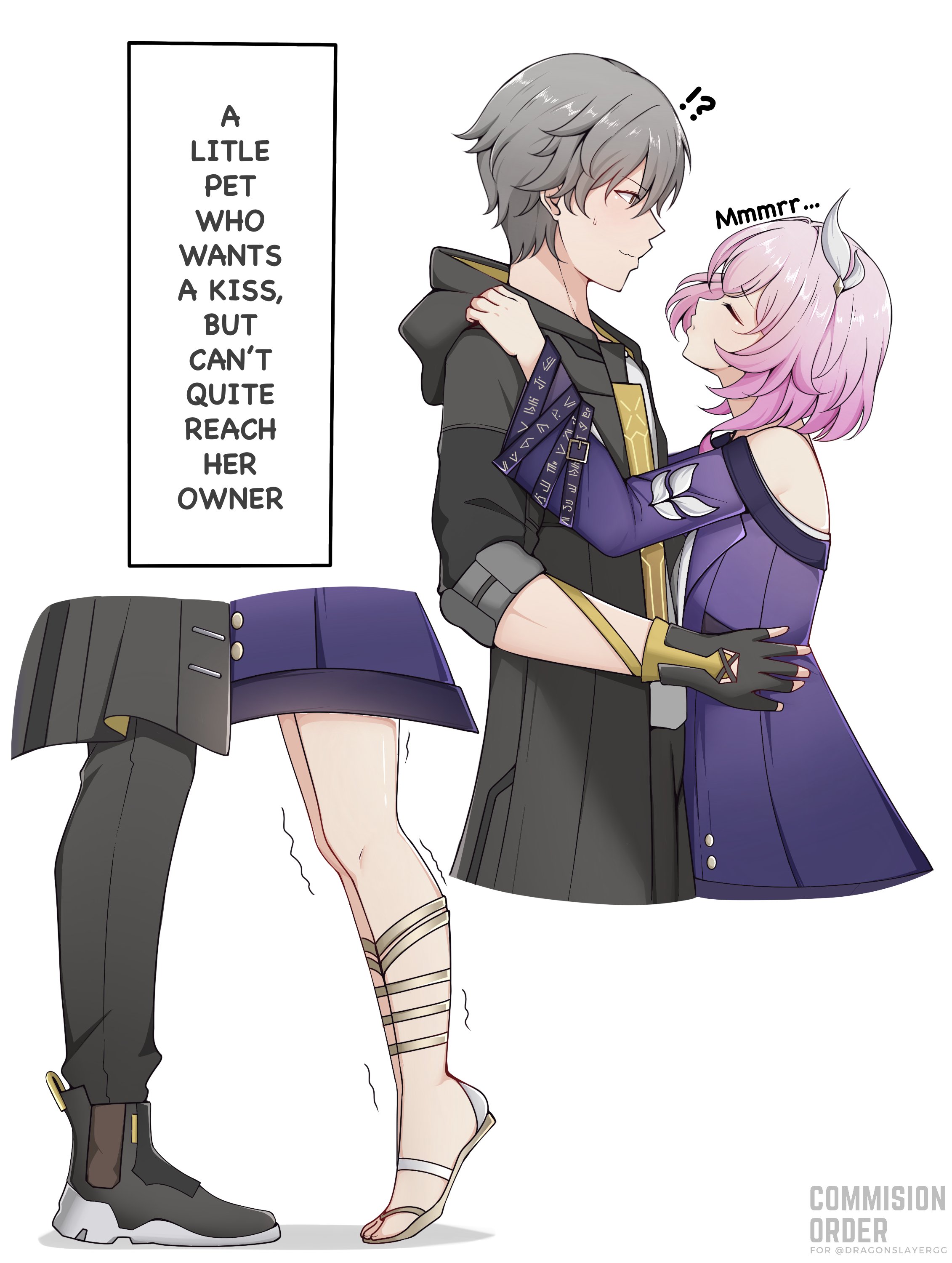 centauri-d, caelus (honkai: star rail), cyrene (honkai: star rail), trailblazer (honkai: star rail), honkai: star rail, honkai (series), absurdres, commentary, commission, english commentary, highres, !?, 1boy, 1girl, black coat, black gloves, black shoes, coat, english text, fingerless gloves, gloves, grey hair, hair ornament, hetero, imminent kiss, pink hair, purple coat, sandals, shoes, short hair, simple background, tiptoes, white background