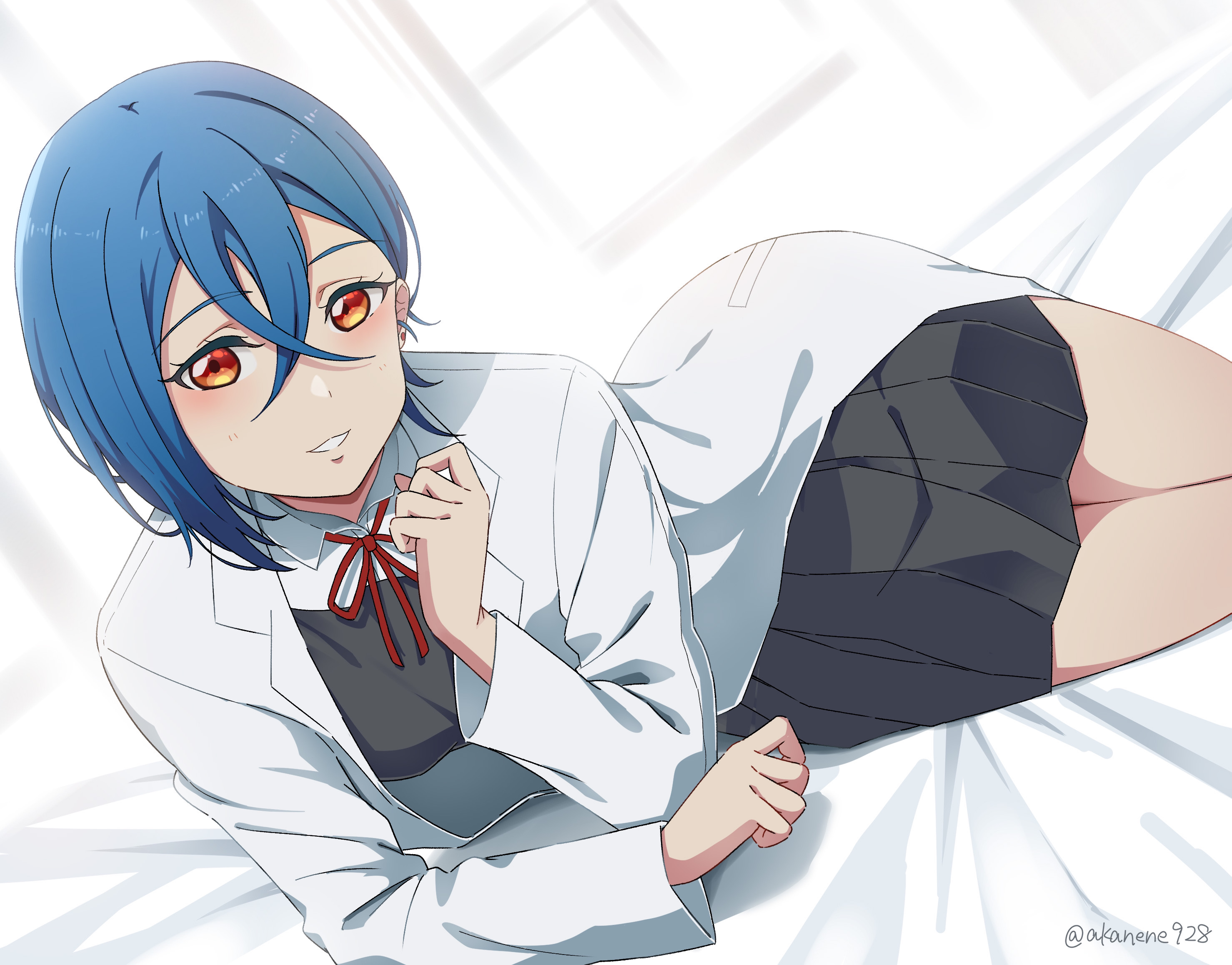 akane (akaneoekaki0928), wakana shiki, love live!, love live! superstar!!, commentary, highres, 1girl, :d, blue hair, blush, breasts, collared shirt, crossed bangs, dress, dress shirt, grey dress, grin, hair between eyes, lab coat, looking at viewer, lying, medium breasts, neck ribbon, on side, open mouth, orange eyes, pinafore dress, pleated dress, red ribbon, ribbon, school uniform, shirt, short dress, short hair, sleeveless, sleeveless dress, smile, solo, white shirt, yuigaoka school uniform