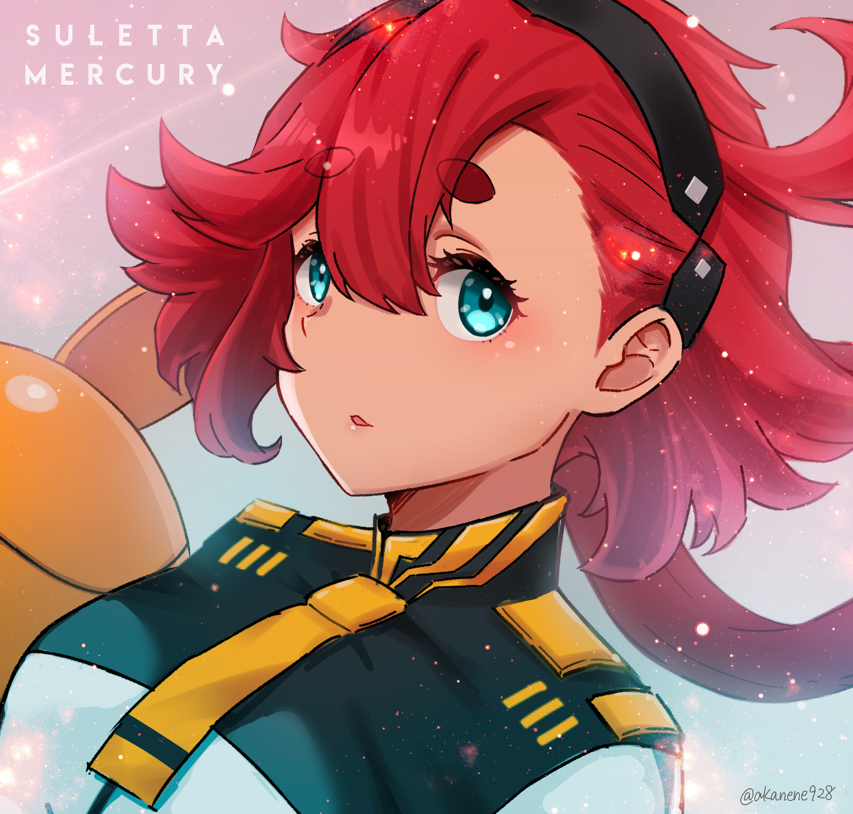 akane (akaneoekaki0928), haro, suletta mercury, gundam, gundam suisei no majo, absurdres, commentary, highres, 1girl, asticassia school uniform, black hairband, blue eyes, breasts, character name, hair between eyes, hairband, jacket, long hair, looking at viewer, medium breasts, necktie, parted lips, ponytail, red hair, school uniform, solo, square-end necktie, thick eyebrows, white jacket, yellow necktie