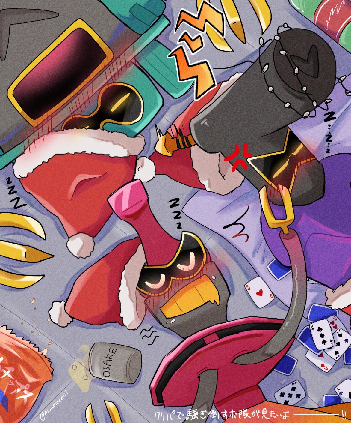 ecks (mario), shun (mario), ten (mario), mario & luigi: brothership, mario & luigi rpg, mario (series), nintendo, highres, 3boys, alcohol, anger vein, bag of chips, beer, blush stickers, card, christmas lights, closed eyes, cup, drooling, drunk, grey background, hand on another's head, hat, lying, mouth drool, multiple boys, muumeeeiii, on back, on pillow, open mouth, pillow, playing card, santa hat, sleeping, twitter username, zzz