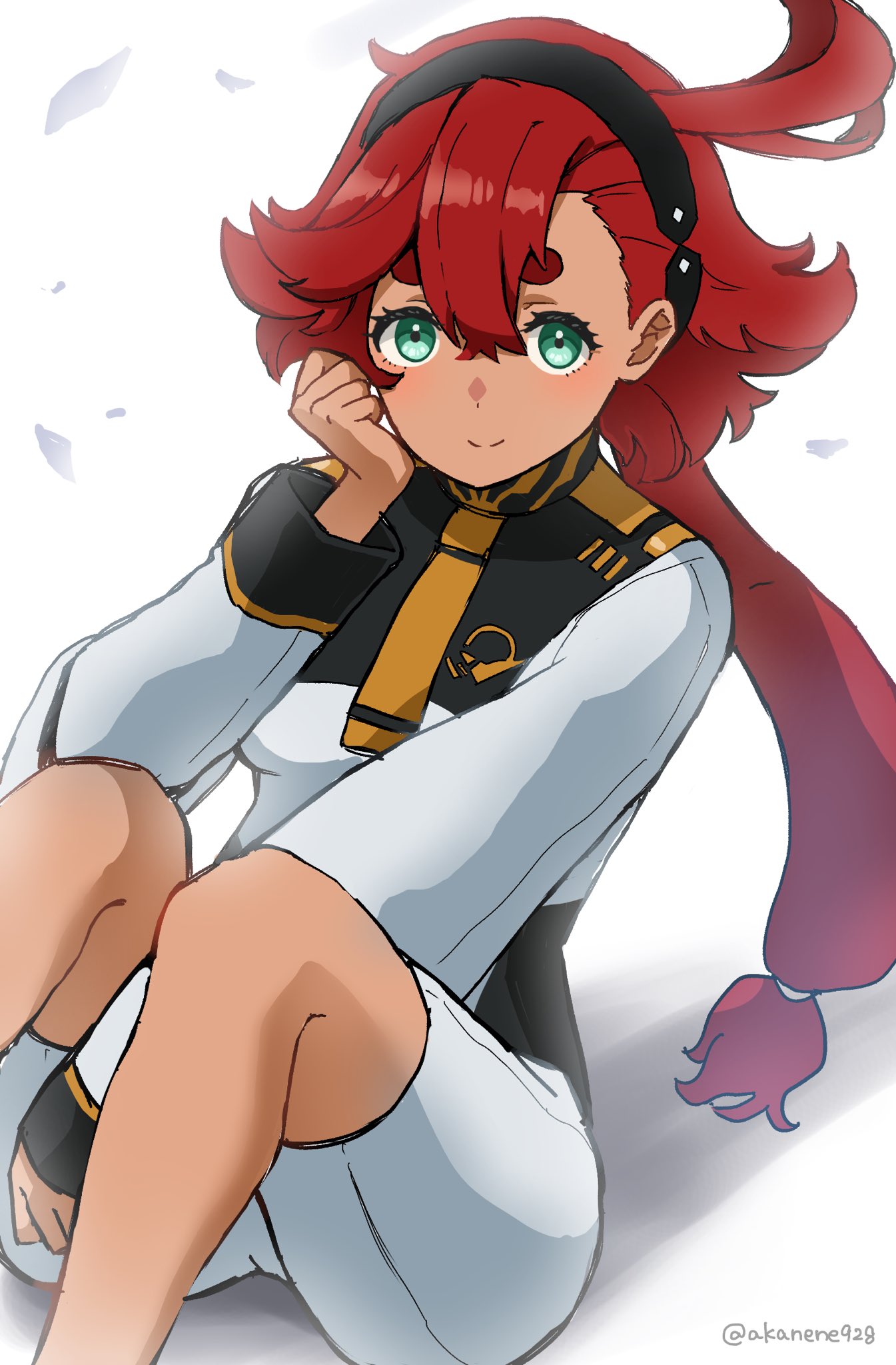 akane (akaneoekaki0928), suletta mercury, gundam, gundam suisei no majo, commentary, highres, 1girl, aqua eyes, black hairband, closed mouth, dark-skinned female, dark skin, feet out of frame, hair between eyes, hairband, jacket, long hair, long sleeves, low-tied long hair, necktie, orange necktie, ponytail, shadow, short eyebrows, shorts, simple background, sitting, smile, solo, split mouth, square-end necktie, thick eyebrows, white background, white jacket, white shorts