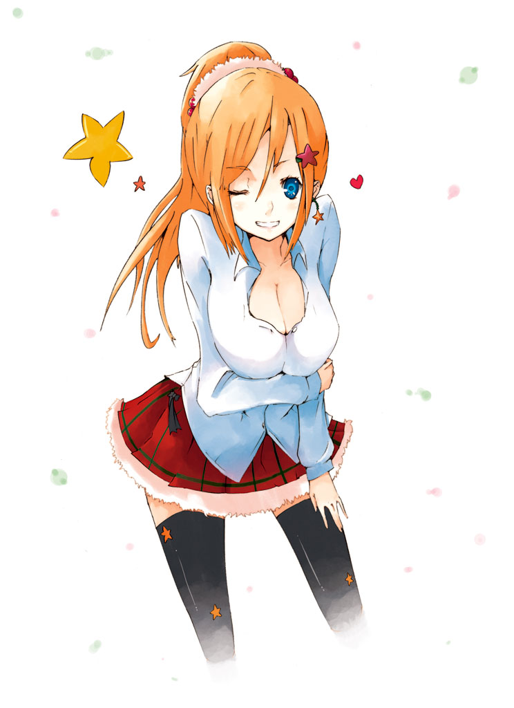 hrd, 1girl, breasts, cleavage, female focus, large breasts, skirt, smile, solo, thighhighs