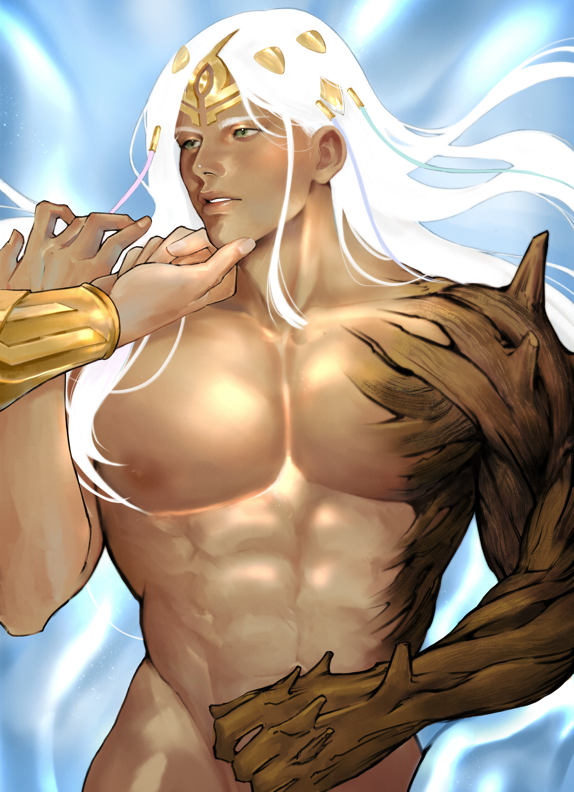 askr (fire emblem), laerathr (fire emblem), fire emblem, fire emblem heroes, nintendo, absurdres, bilingual commentary, commentary, commission, english commentary, highres, mixed-language commentary, second-party source, translation request, 2boys, abs, bara, collarbone, dark-skinned male, dark skin, grabbing another's chin, green eyes, hand on another's chin, headdress, kharybdys, large pectorals, lips, long hair, lying, male focus, mature male, multiple boys, muscular, muscular male, nipples, on back, out-of-frame censoring, parted lips, pectorals, solo focus, white hair, yaoi