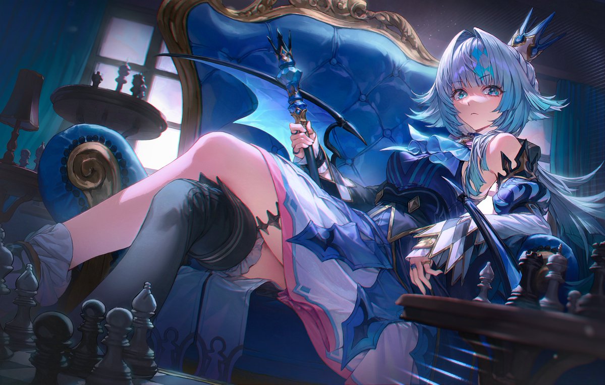 datan uu, cerydra (honkai: star rail), honkai: star rail, honkai (series), commentary request, 1girl, ascot, black thighhighs, blue ascot, blue dress, blue eyes, breasts, chess piece, chessboard, closed mouth, couch, crossed legs, crown, detached sleeves, dress, hair intakes, holding, holding scepter, indoors, jewelry, long hair, long sleeves, looking at viewer, mini crown, multiple rings, on couch, ring, scepter, single thighhigh, sitting, sleeveless, sleeveless dress, solo, thighhighs, white hair