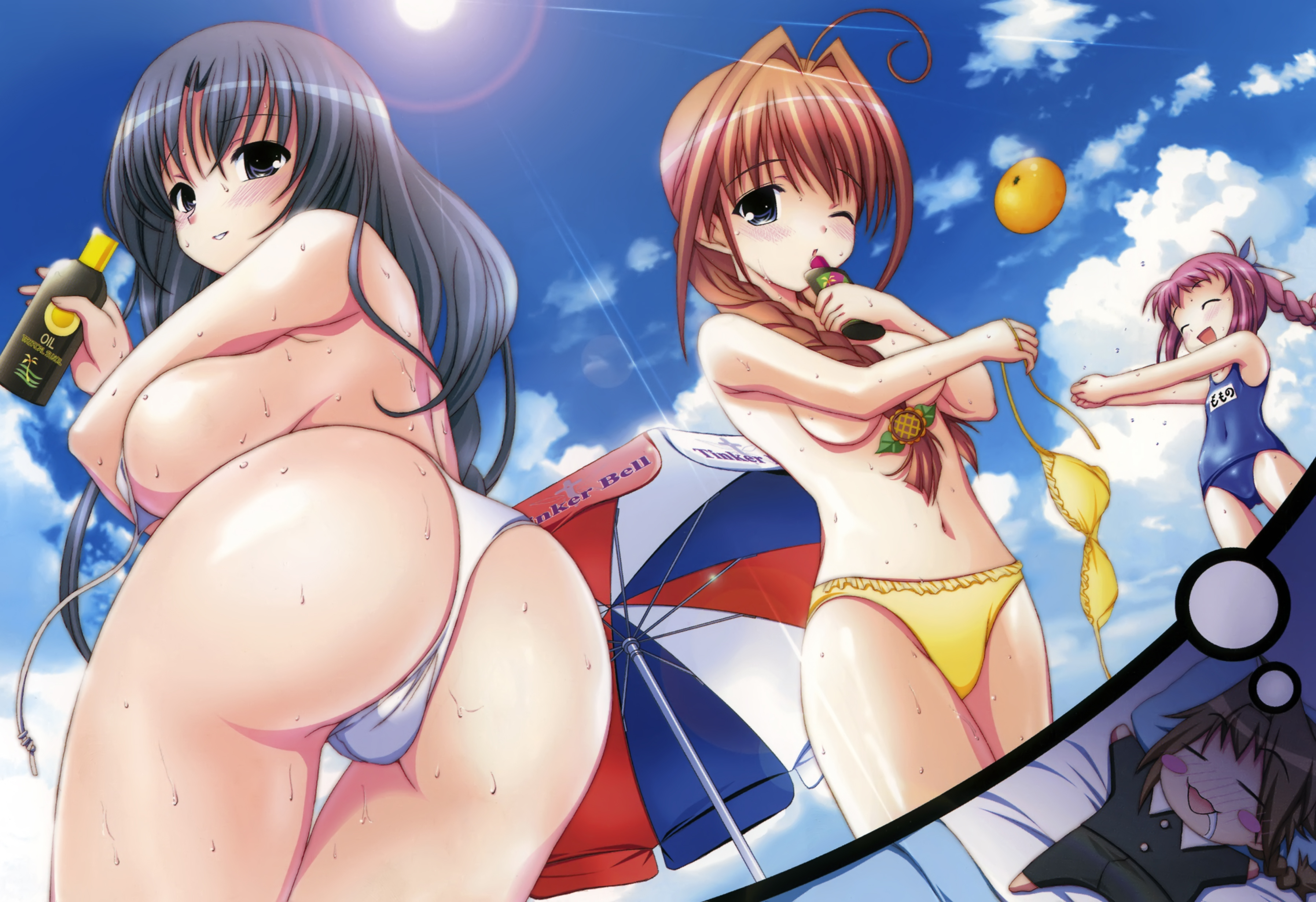 aojiru, hagio himawari, momono momo, sakurazaka tsubaki, hanamaru!, breast hold, absurdres, highres, non-web source, scan, 3girls, :3, age difference, ass, back, ball, beach umbrella, bed, between breasts, bikini, blue eyes, blush, blush stickers, braid, breasts, chibi, closed eyes, cloud, covering breasts, covering privates, day, dreaming, flat chest, flower, grey hair, hair flower, hair ornament, happy, huge ass, huge breasts, large breasts, lens flare, long hair, looking back, lotion, multiple girls, name tag, one-piece swimsuit, one eye closed, orange eyes, orange hair, outdoors, pajamas, pillow, pink hair, saliva, school swimsuit, sideboob, single braid, sky, sleeping, smile, stretching, sun, sunflower, sunflower hair ornament, swimsuit, thigh gap, thighs, topfreedom, topless female, twin braids, umbrella, untied bikini, wet, white bikini, wink, yellow bikini