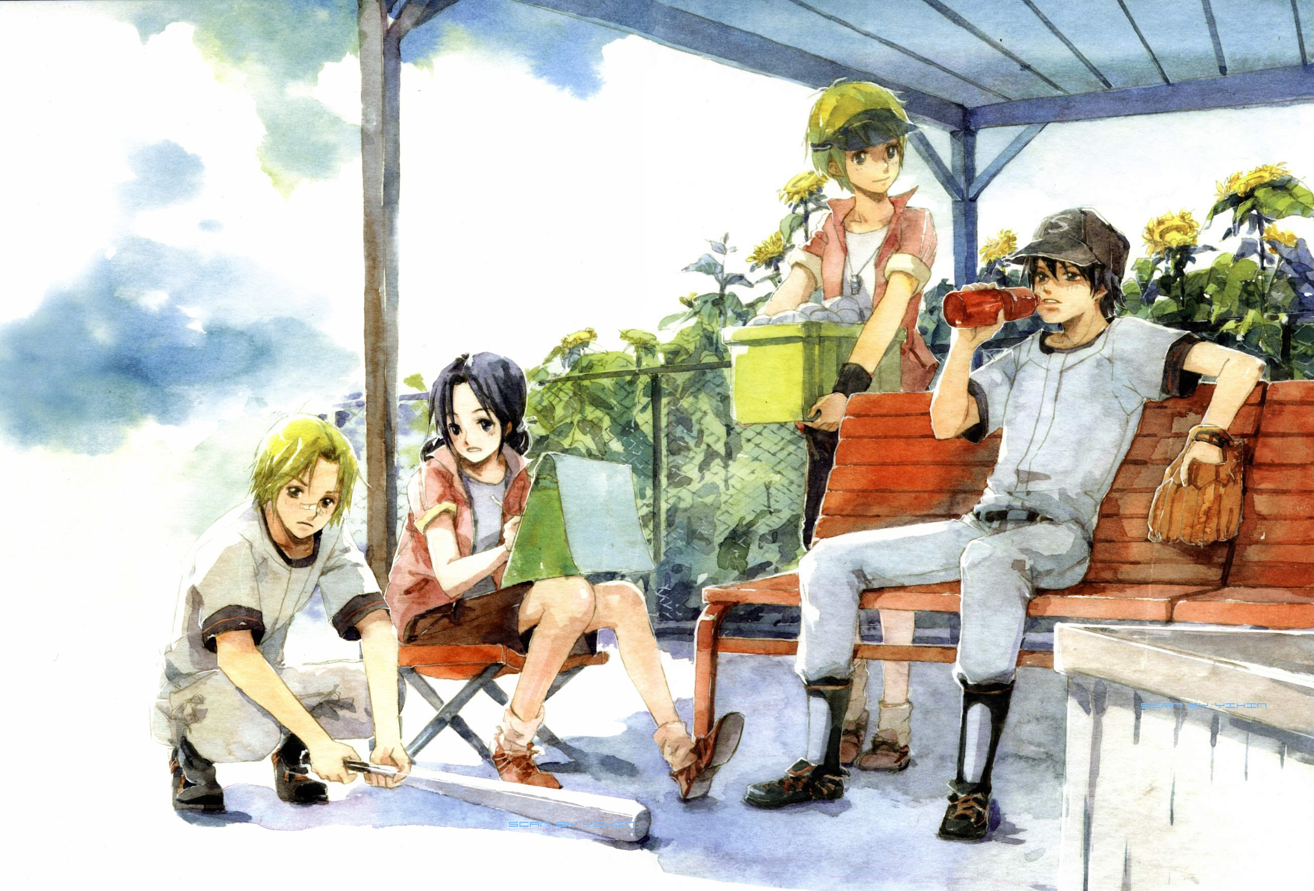shelattic, original, drawing, highres, scan, tagme, 2boys, 2girls, baseball bat, baseball cap, baseball glove, hat, multiple boys, multiple girls, sitting