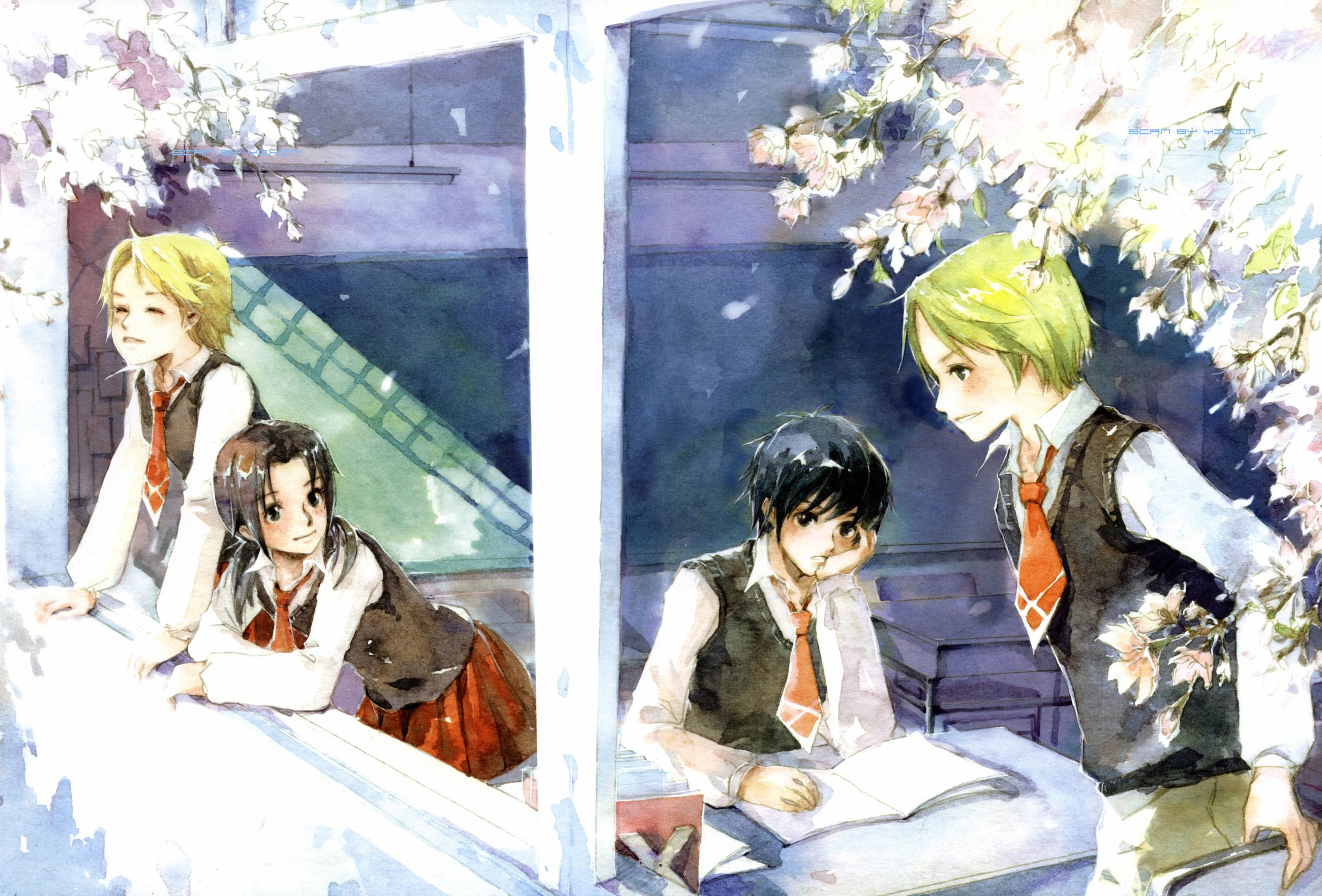 shelattic, highres, scan, tagme, 2boys, 2girls, classroom, flower, multiple boys, multiple girls, necktie, school uniform