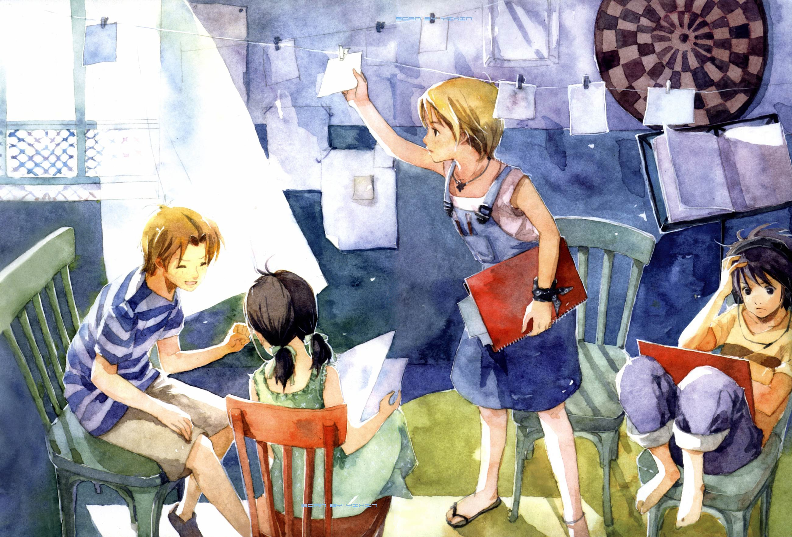 shelattic, highres, scan, tagme, 2boys, 2girls, multiple boys, multiple girls, sitting, window