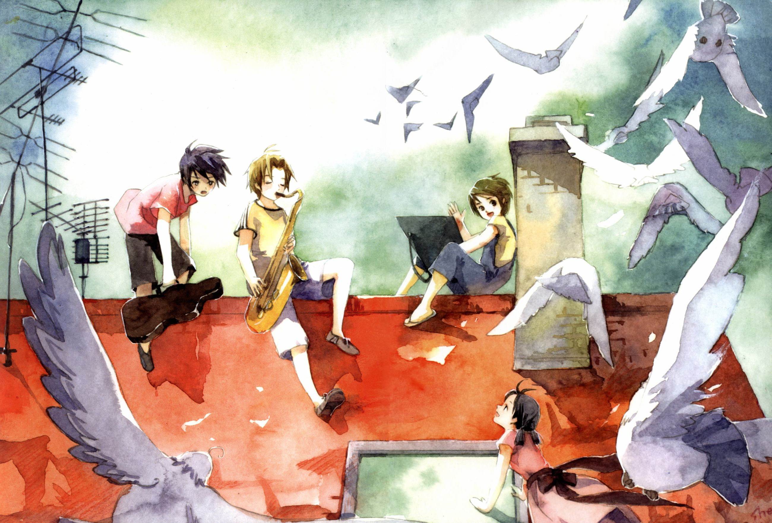 shelattic, highres, scan, tagme, 2boys, 2girls, bird, instrument, multiple boys, multiple girls, rooftop, saxophone, sitting