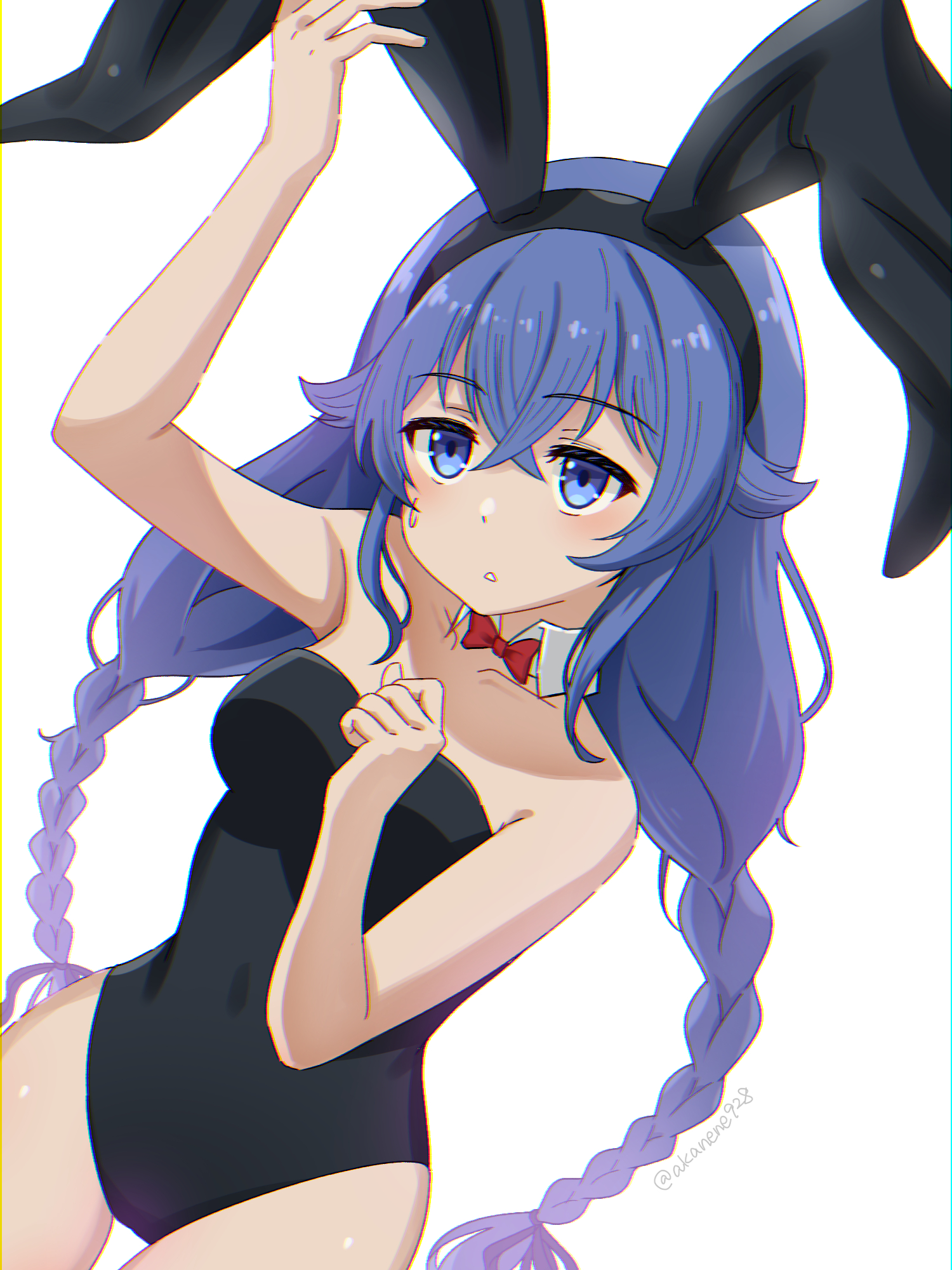 akane (akaneoekaki0928), roxy migurdia, mushoku tensei, commentary, highres, 1girl, bare shoulders, black hairband, black leotard, bow, bowtie, braid, breasts, chromatic aberration, collarbone, covered navel, detached collar, hairband, leotard, long hair, low twin braids, medium breasts, playboy bunny, red bow, red bowtie, simple background, solo, strapless, strapless leotard, traditional bowtie, twin braids, very long hair, white background