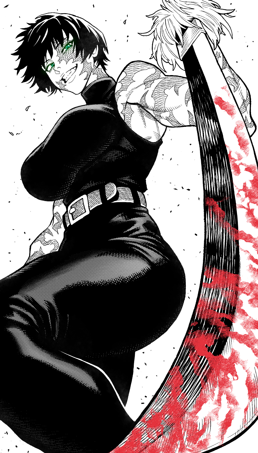 websake, zen'in maki, jujutsu kaisen, commentary, english commentary, highres, 1girl, bare shoulders, belt, black pants, black shirt, blood, bloody weapon, breasts, green eyes, greyscale, grin, holding, holding sword, holding weapon, large breasts, monochrome, pants, scar, scar on arm, scar on face, shirt, short hair, sleeveless, sleeveless shirt, smile, solo, spot color, sword, teeth, turtleneck, turtleneck shirt, weapon