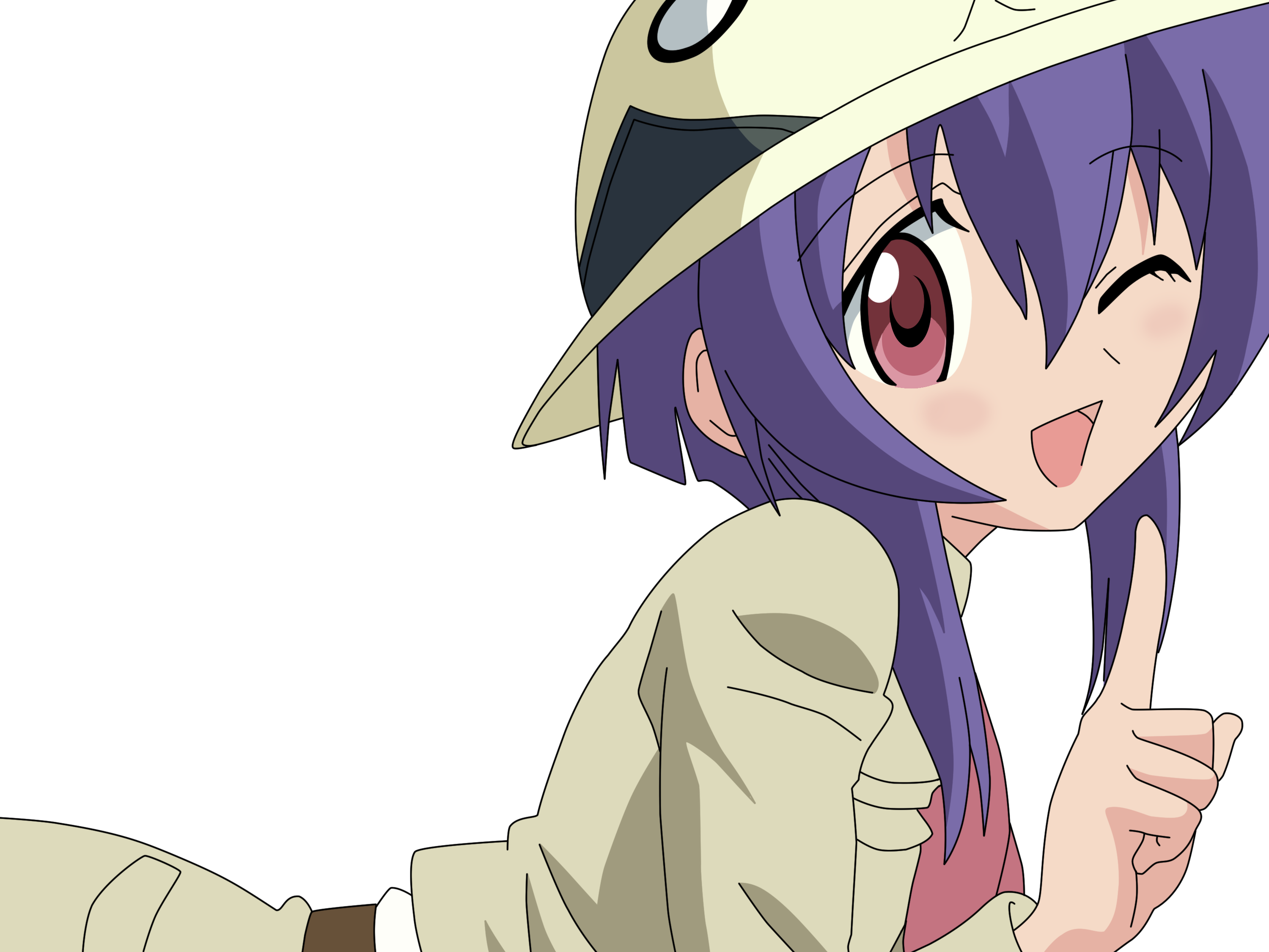 miyazaki nodoka, mahou sensei negima!, artist request, highres, 00s, 1girl, female focus, hat, one eye closed, open mouth, pink eyes, purple hair, short hair, smile, solo, wink