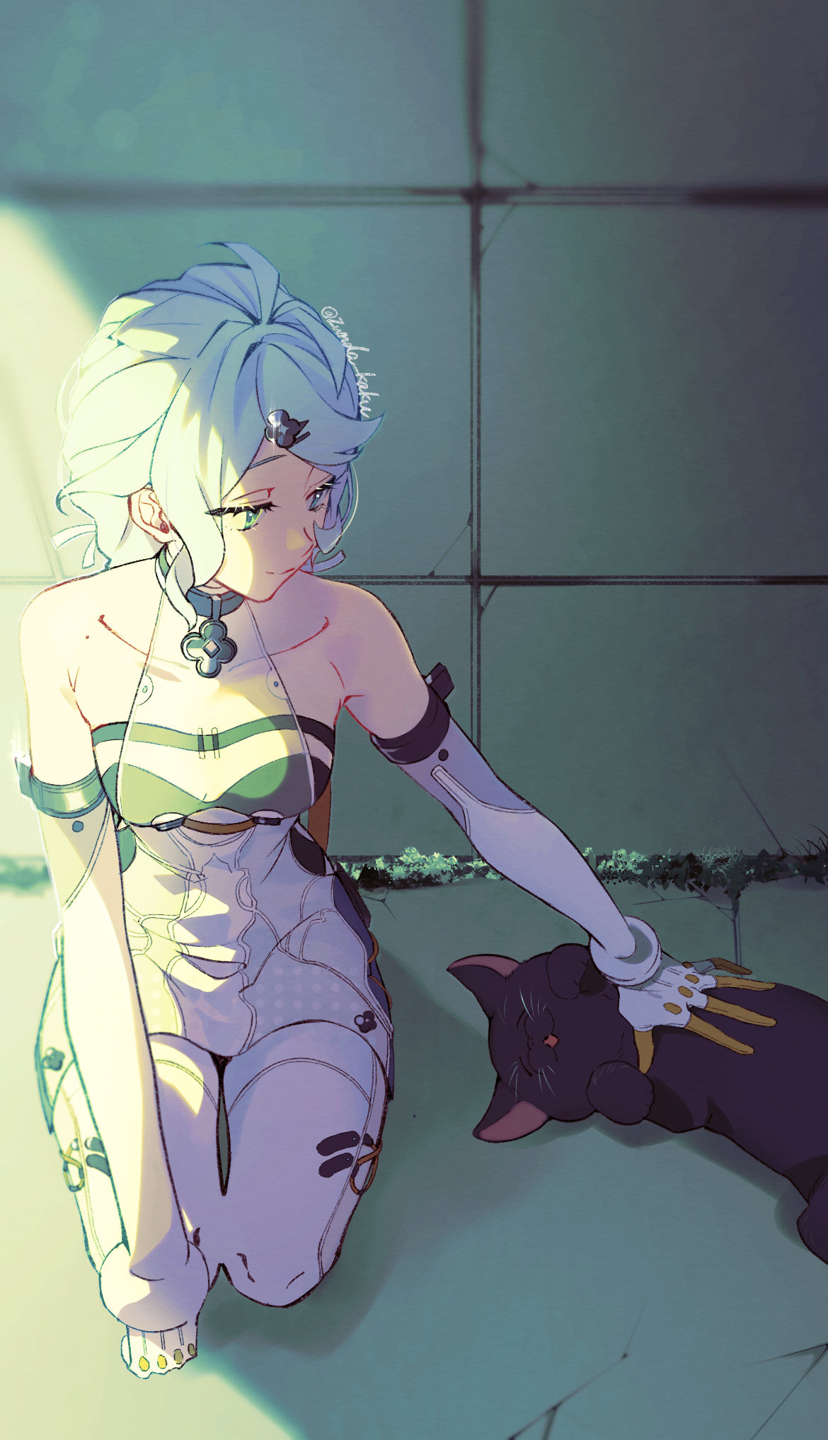 zunda kaku, seed (zenless zone zero), zenless zone zero, highres, 1girl, against wall, animal, bare shoulders, black cat, blue hair, cat, clothing cutout, detached sleeves, flower, formal clothes, gloves, grass, green eyes, hair ornament, hairpin, looking at another, looking to the side, mole, mole on shoulder, on floor, petting, see-through dress layer, side cutout, sitting, suit, thigh cutout, whiskers, white gloves, white suit