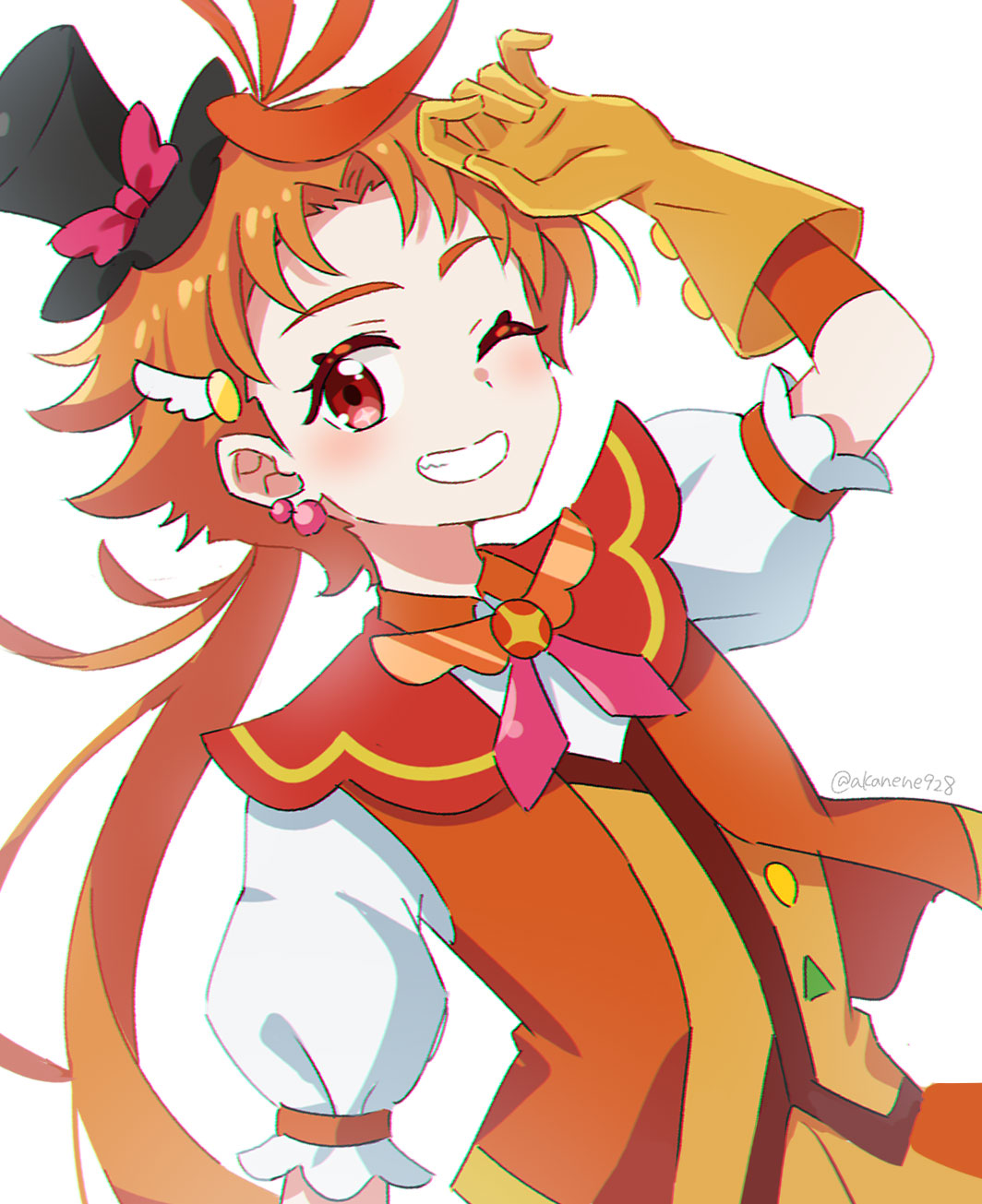 akane (akaneoekaki0928), cure wing, yuunagi tsubasa, hirogaru sky! precure, precure, commentary, highres, 1boy, ;d, black hat, chromatic aberration, curtained hair, gloves, grin, hat, layered gloves, long hair, looking at viewer, low ponytail, magical boy, male focus, mini hat, mini top hat, one eye closed, open mouth, orange gloves, orange hair, orange vest, ponytail, puffy short sleeves, puffy sleeves, red eyes, short sleeves, simple background, smile, solo, top hat, twitter username, upper body, very long hair, vest, white background, yellow gloves