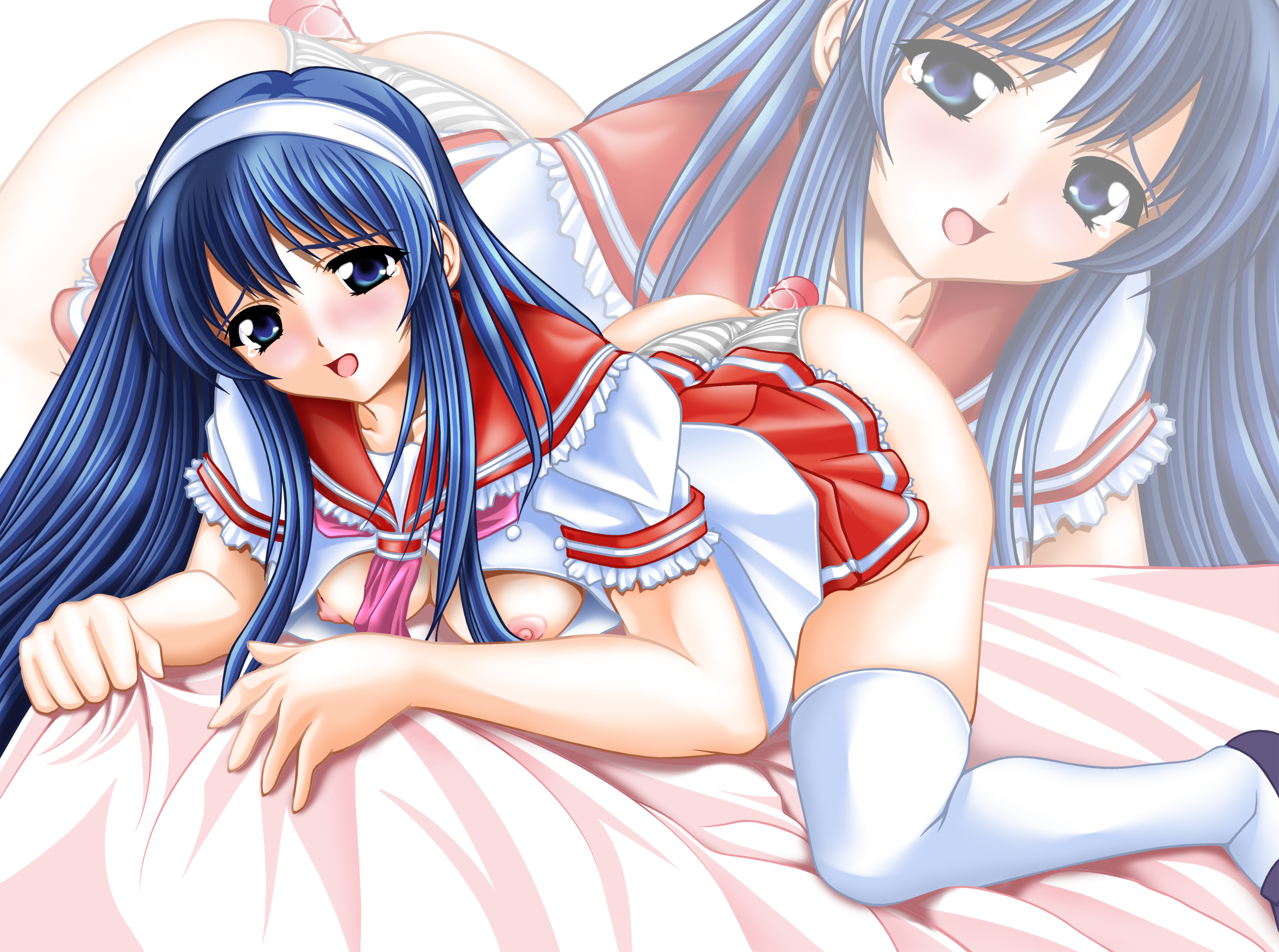 kyoudou senna, big bang beat, highres, all fours, ass, bed, blue eyes, blue hair, blush, breasts, dildo, hairband, long hair, nipples, open mouth, panties, school uniform, serafuku, thighhighs, top-down bottom-up, underwear, zoom layer