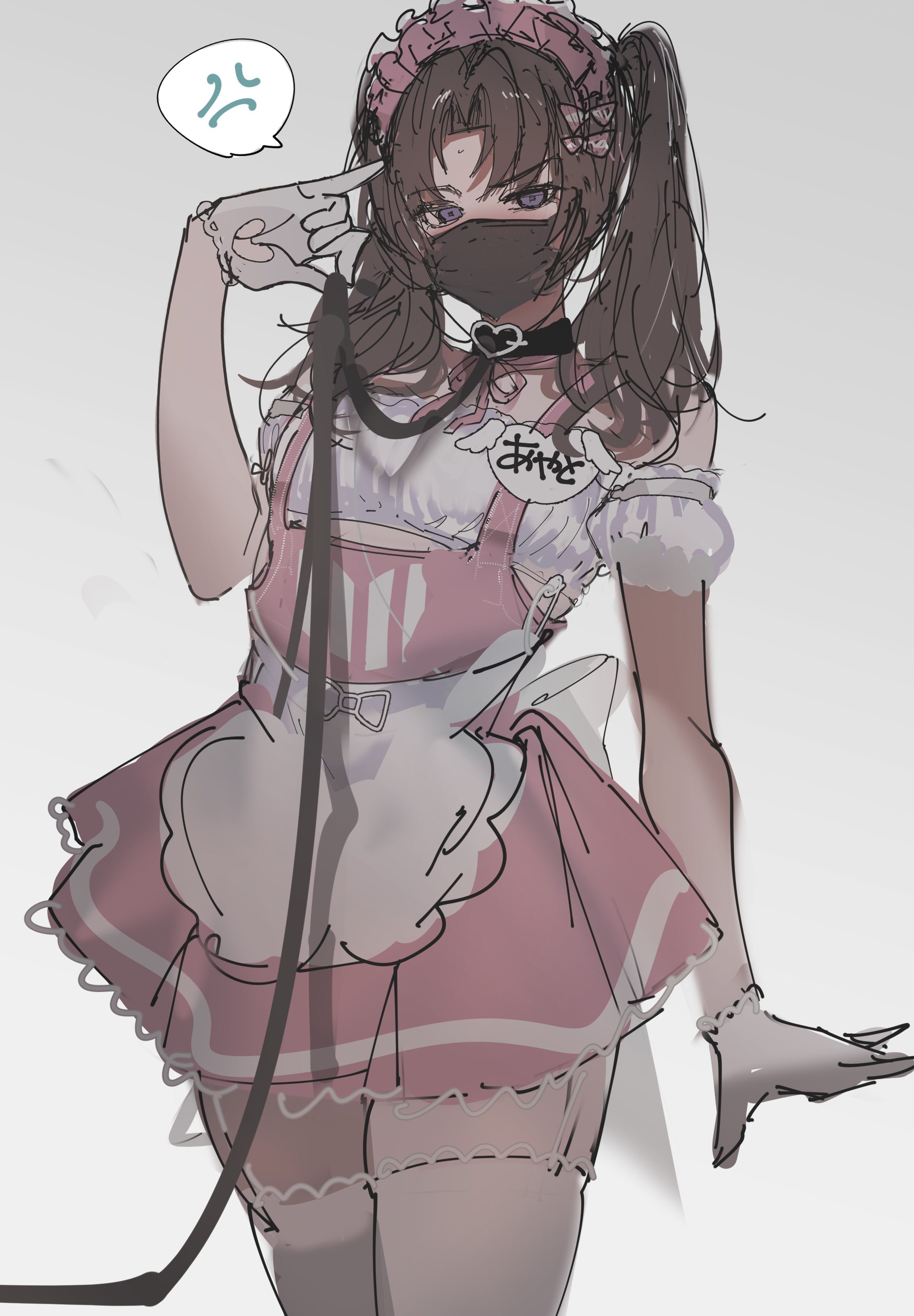 imamiya pinoko, original, absurdres, highres, 1boy, anger vein, ayase ayato (imamiya pinoko), black hair, brown hair, choker, crossdressing, crossdressing (mtf), garter straps, gloves, leash, maid, maid headdress, male maid, mask, mouth mask, purple eyes, spoken anger vein, surgical mask, thighhighs, trap, twintails, white gloves, white thighhighs