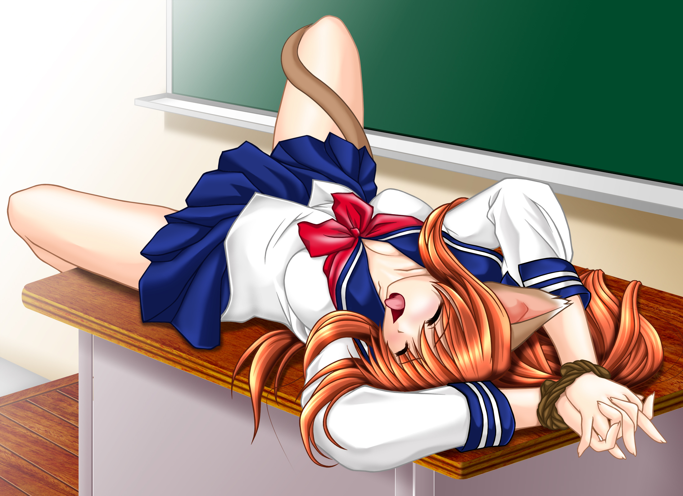 tomoya kankurou, highres, 1girl, animal ears, arms up, bdsm, bondage, bound, breasts, cat ears, cat tail, chalkboard, classroom, cleavage, closed eyes, desk, female focus, in heat, indoors, long hair, lying, open mouth, orange hair, own hands together, red hair, rope, school, school uniform, serafuku, skirt, small breasts, solo, spread legs, tail, tail wrap, tongue, tongue out