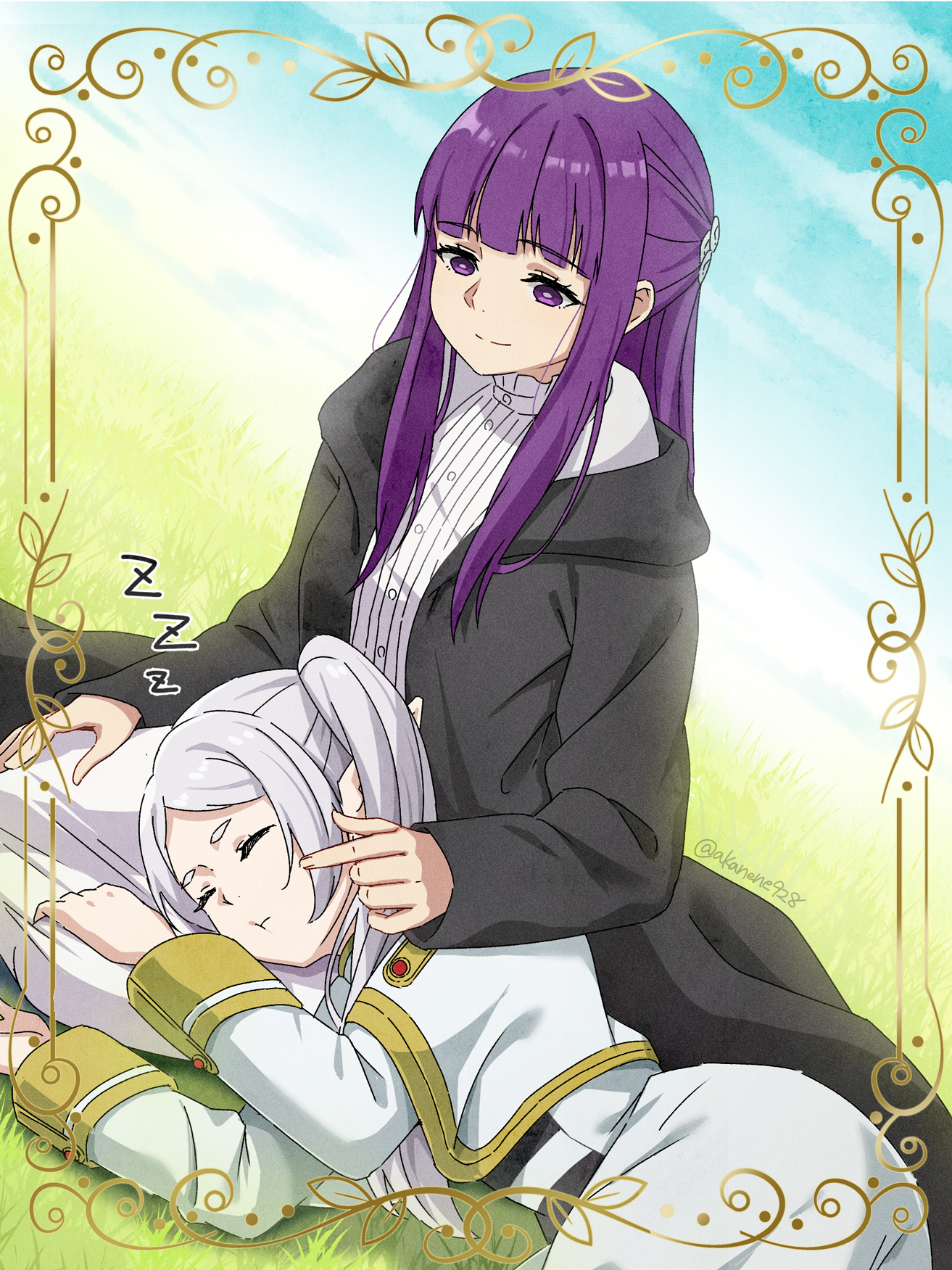 akane (akaneoekaki0928), fern (sousou no frieren), frieren, sousou no frieren, commentary, highres, 2girls, black cloak, blunt bangs, cheek poking, cloak, closed mouth, dress, dutch angle, elf, grass, grey hair, half updo, hood, hood down, hooded cloak, lap pillow, long hair, long sidelocks, long sleeves, multiple girls, on grass, on ground, pointy ears, poking, purple eyes, purple hair, sidelocks, sitting, sleeping, smile, split mouth, twintails, white dress, zzz