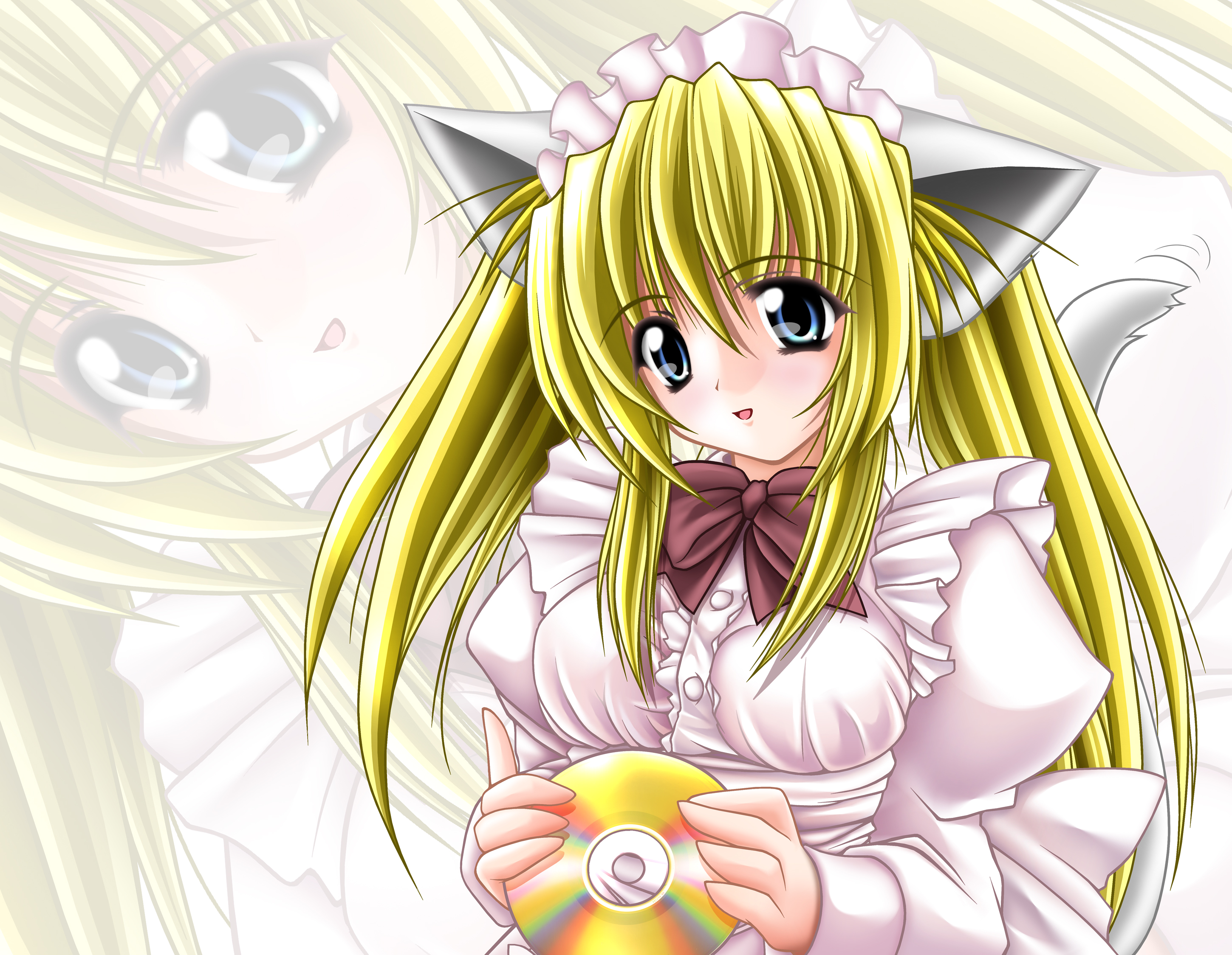 tomoya kankurou, highres, 1girl, animal ears, blonde hair, blue eyes, bow, cat ears, cat tail, cd, female focus, maid, solo, tail, zoom layer