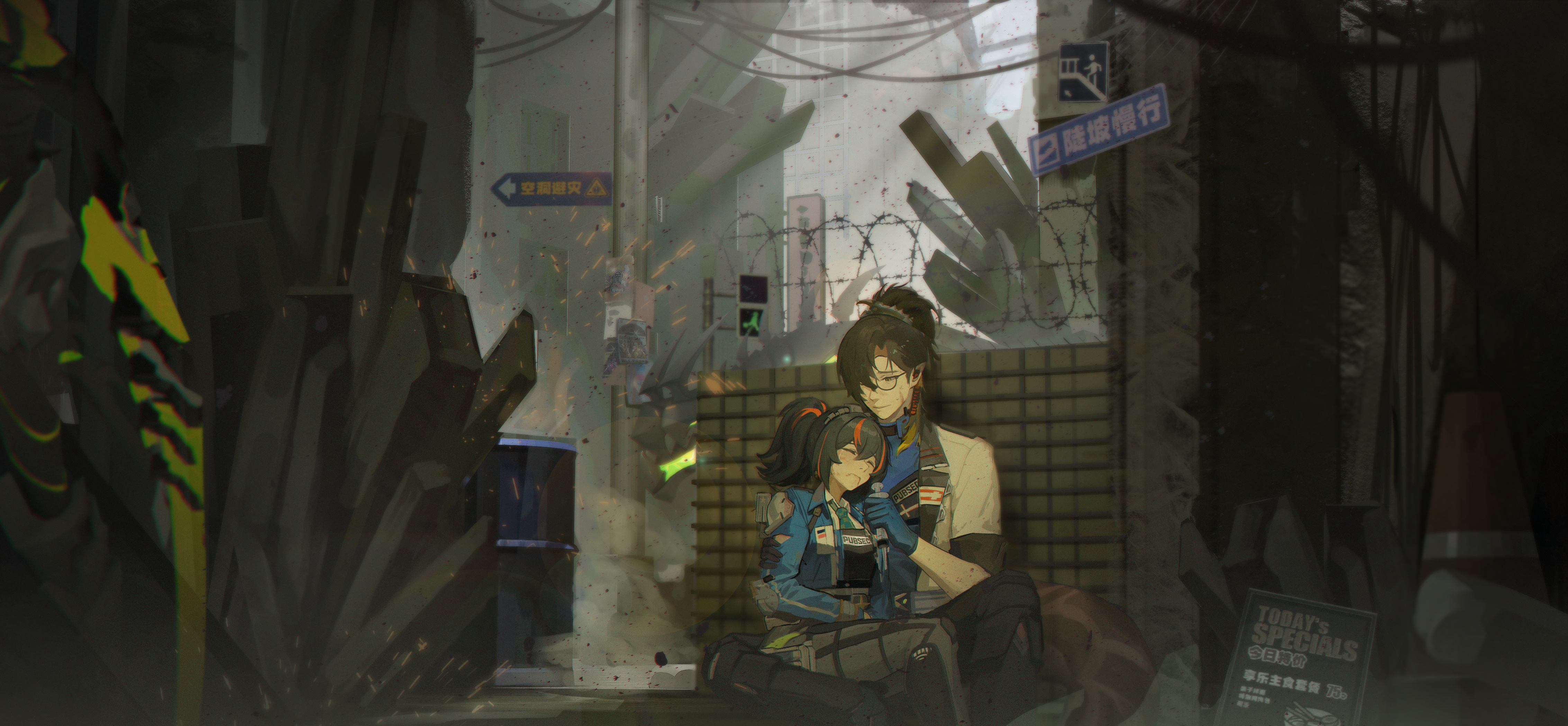 chawan (a1982962436), ethereal (zenless zone zero), zhu yuan, zenless zone zero, absurdres, character request, chinese commentary, commentary request, highres, translation request, 1boy, 1girl, black hair, blue gloves, blue jacket, blue shirt, city, closed eyes, closed mouth, day, feet out of frame, glasses, gloves, hair between eyes, holding, holding syringe, jacket, long hair, long sleeves, multicolored hair, outdoors, pants, police, police uniform, policewoman, ponytail, red hair, red streaks, shirt, sitting, streaked hair, syringe