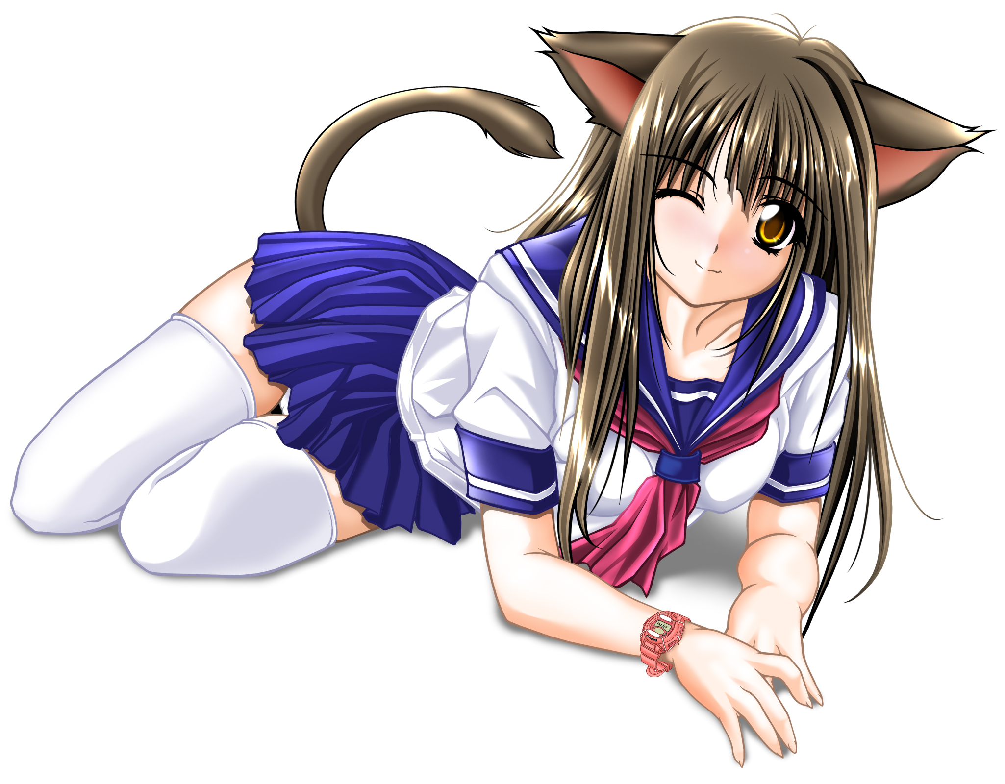 tomoya kankurou, highres, 1girl, animal ears, cat ears, cat tail, female focus, full body, lying, one eye closed, own hands together, panties, school uniform, serafuku, simple background, smile, solo, tail, thighhighs, underwear, white background, white thighhighs, wink