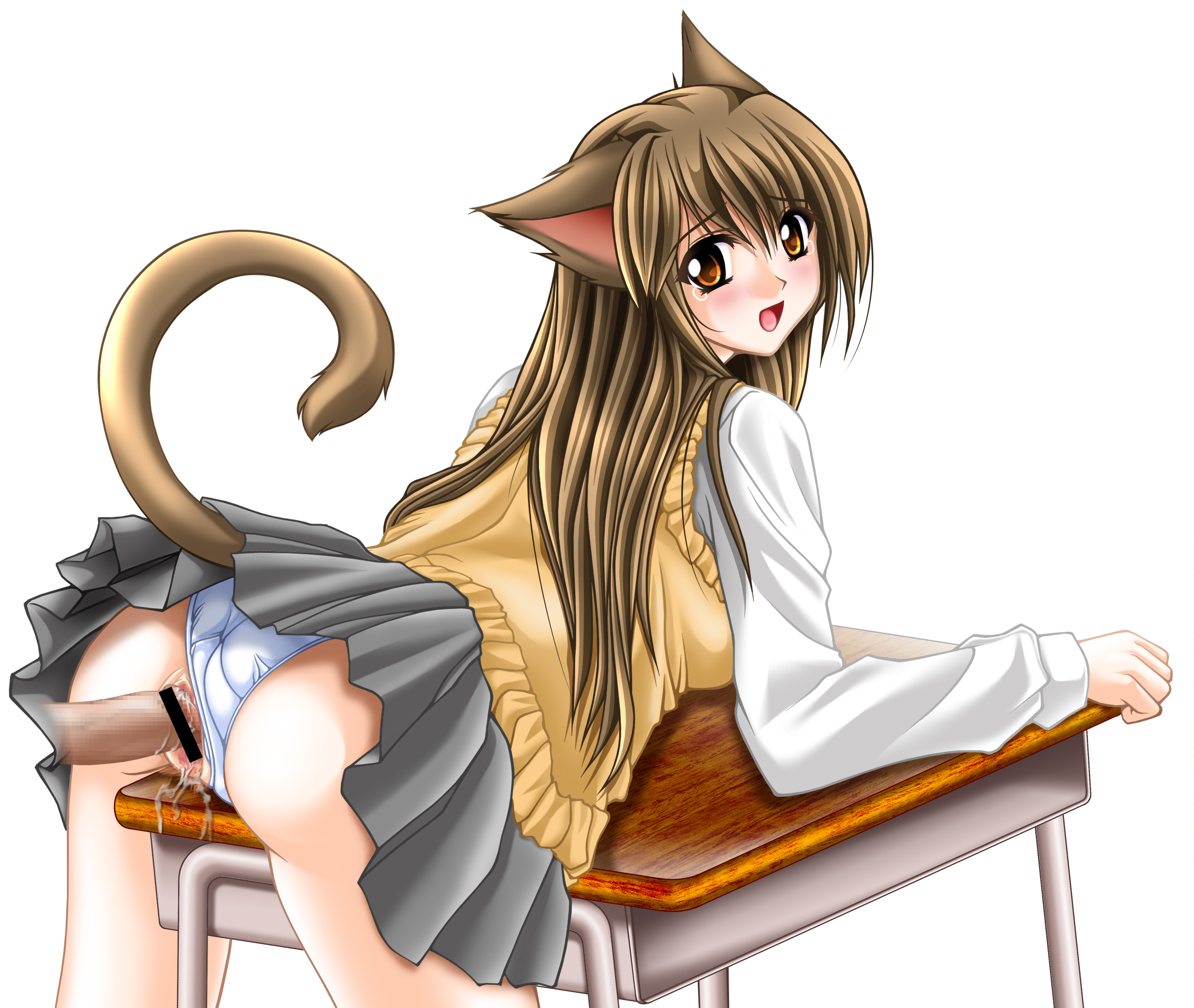 sea lounge garden, tomoya kankurou, highres, 1girl, animal ears, bent over, blush, brown eyes, cat ears, cat girl, cat tail, censored, clothed sex, clothing aside, cum, cum in pussy, desk, disembodied penis, long hair, looking back, on table, panties, panties aside, penis, pointless censoring, pussy juice, school uniform, serafuku, sex, simple background, skirt, solo focus, table, tail, tears, underwear, upskirt, vaginal, vest, white background, white panties