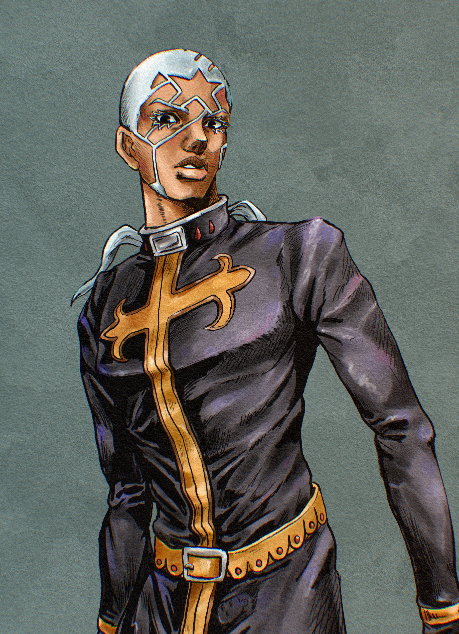 kaib0y, enrico pucci, jojo no kimyou na bouken, stone ocean, absurdres, commentary request, highres, traditional media, araki hirohiko (style), belt, black eyes, black robe, brown belt, buzz cut, cassock, colored eyelashes, cross, cross print, dark-skinned male, dark skin, facial hair, high collar, long sleeves, male focus, parted lips, robe, short hair, solo, teeth, very short hair, white eyelashes, white hair