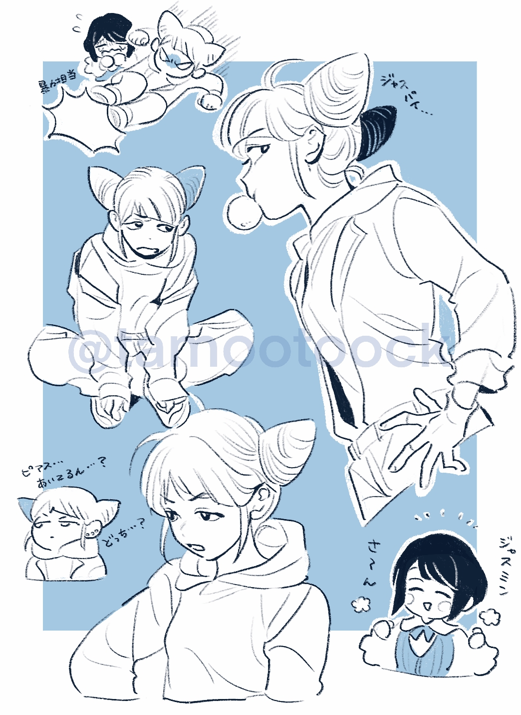 fukurai azami, jasmine (toshi densetsu kaitai center), toshi densetsu kaitai center, commentary request, highres, 2girls, blowing bubble gum, chewing gum, chibi, cone hair bun, cropped legs, cropped torso, double bun, hair bun, hand on own hip, jumpsuit, kicking, long sleeves, looking at viewer, looking to the side, monochrome, multiple girls, multiple views, open mouth, profile, short hair, sitting, smile, standing, tamoto (loretta), twitter username, upper body