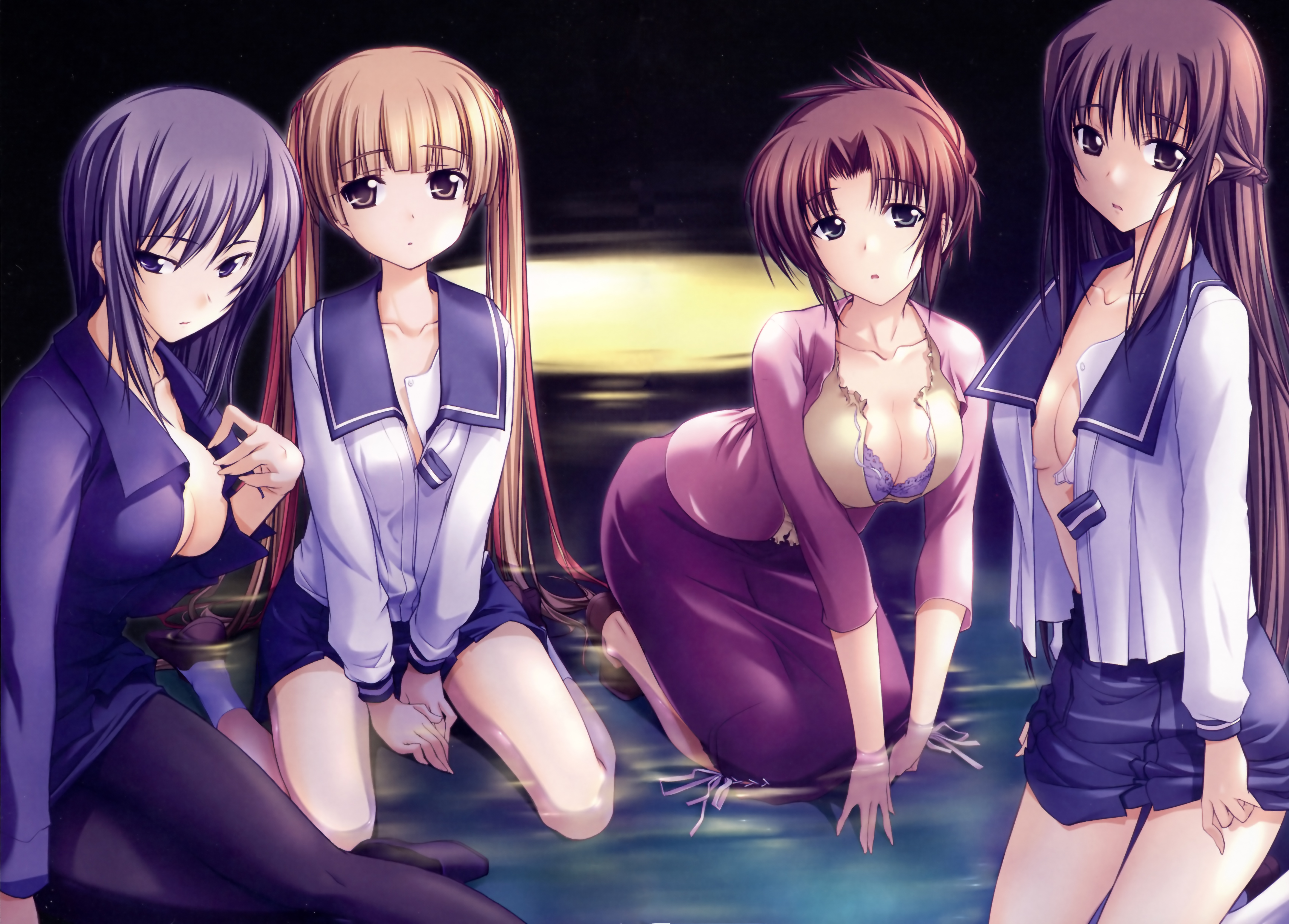 hizuki ayumi, hizuki mitsuna, hizuki shino, hizuki yuiko, ringetsu, absurdres, highres, 4girls, bra, breasts, brown hair, cleavage, kneeling, large breasts, long hair, medium breasts, multiple girls, open bra, open clothes, open shirt, pencil skirt, purple bra, purple hair, school uniform, seiza, serafuku, shirt, short hair, siblings, sisters, sitting, skirt, socks, teacher, teacher and student, twintails, underwear, wading, wariza, water, white bra