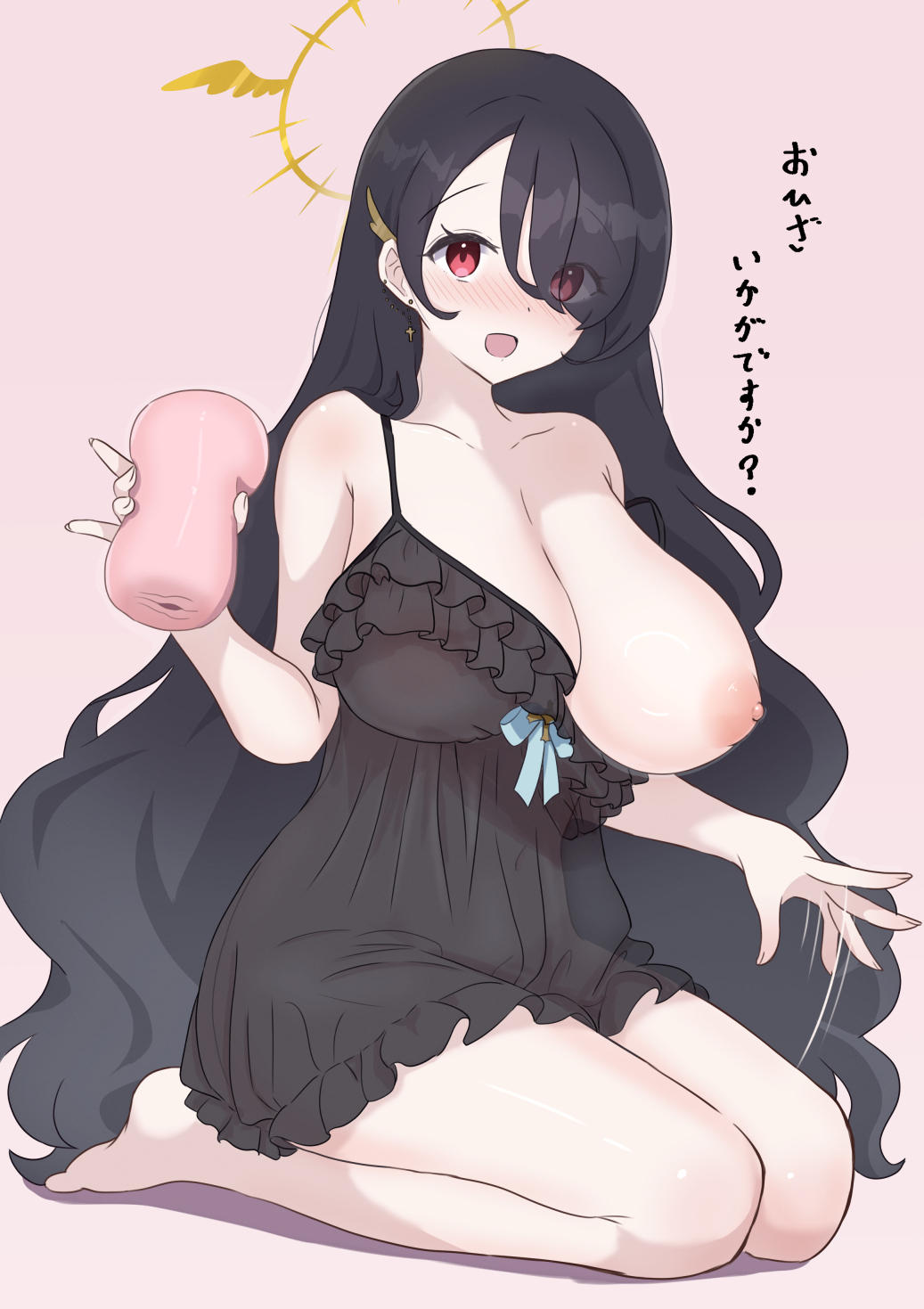 syabadabado, hinata (blue archive), blue archive, highres, translation request, 1girl, artificial vagina, babydoll, bare shoulders, barefoot, black babydoll, black hair, blush, breasts, cleavage, collarbone, covered navel, dildo, earrings, hair over one eye, halo, holding, holding sex toy, jewelry, large breasts, long hair, looking at viewer, nipples, one breast out, open mouth, red eyes, see-through clothes, sex toy, sitting, solo, thighs, very long hair, wavy hair, yellow halo