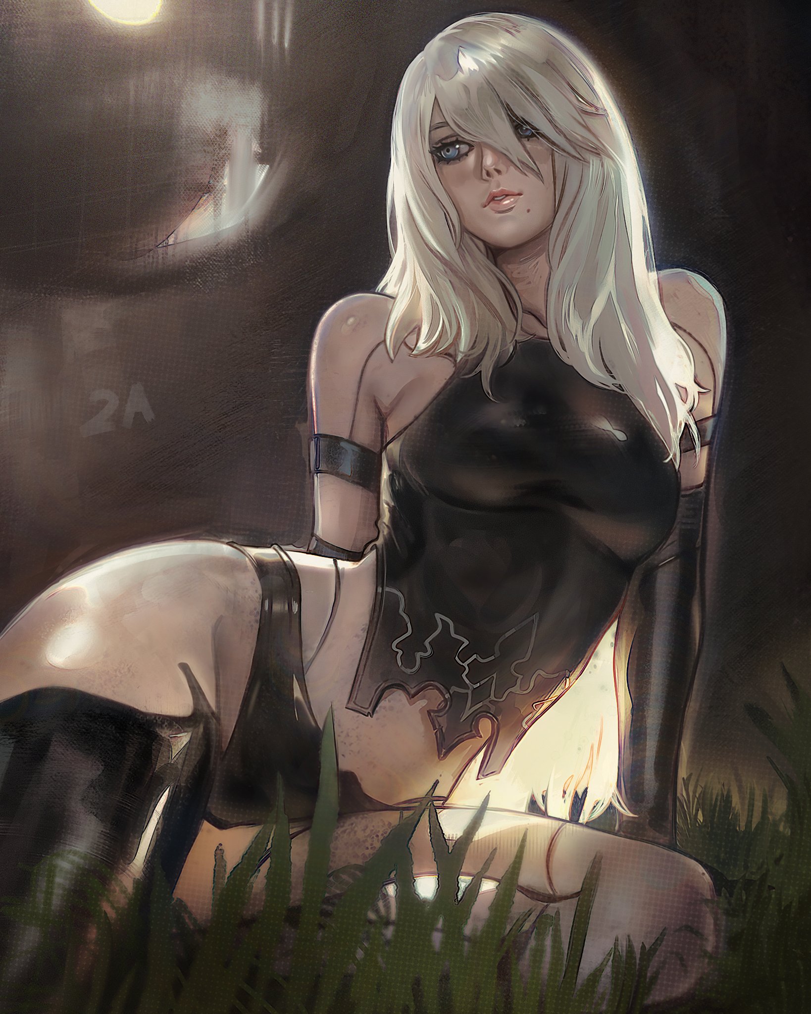 chapinor, a2 (nier:automata), nier:automata, nier (series), commentary, english commentary, highres, 1girl, android, bare shoulders, black gloves, black thighhighs, blue eyes, breasts, character name, elbow gloves, gloves, hair between eyes, long hair, looking to the side, medium breasts, mole, mole under mouth, parted lips, solo, thighhighs, white hair