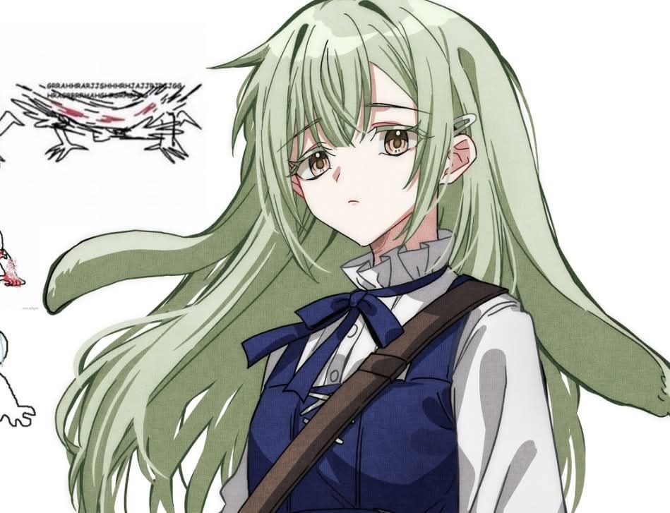 bucishiro, wakaba mutsumi, arknights, bang dream!, bang dream! it's mygo!!!!!, commentary, english commentary, 1girl, animal ears, blue ribbon, brown eyes, closed mouth, expressionless, floppy ears, green hair, hair ornament, hairclip, kemonomimi mode, long hair, looking at viewer, neck ribbon, rabbit ears, rabbit girl, ribbon, shirt, sidelocks, simple background, solo, upper body, wakaba mutsumi (marionette's id), white background, white shirt