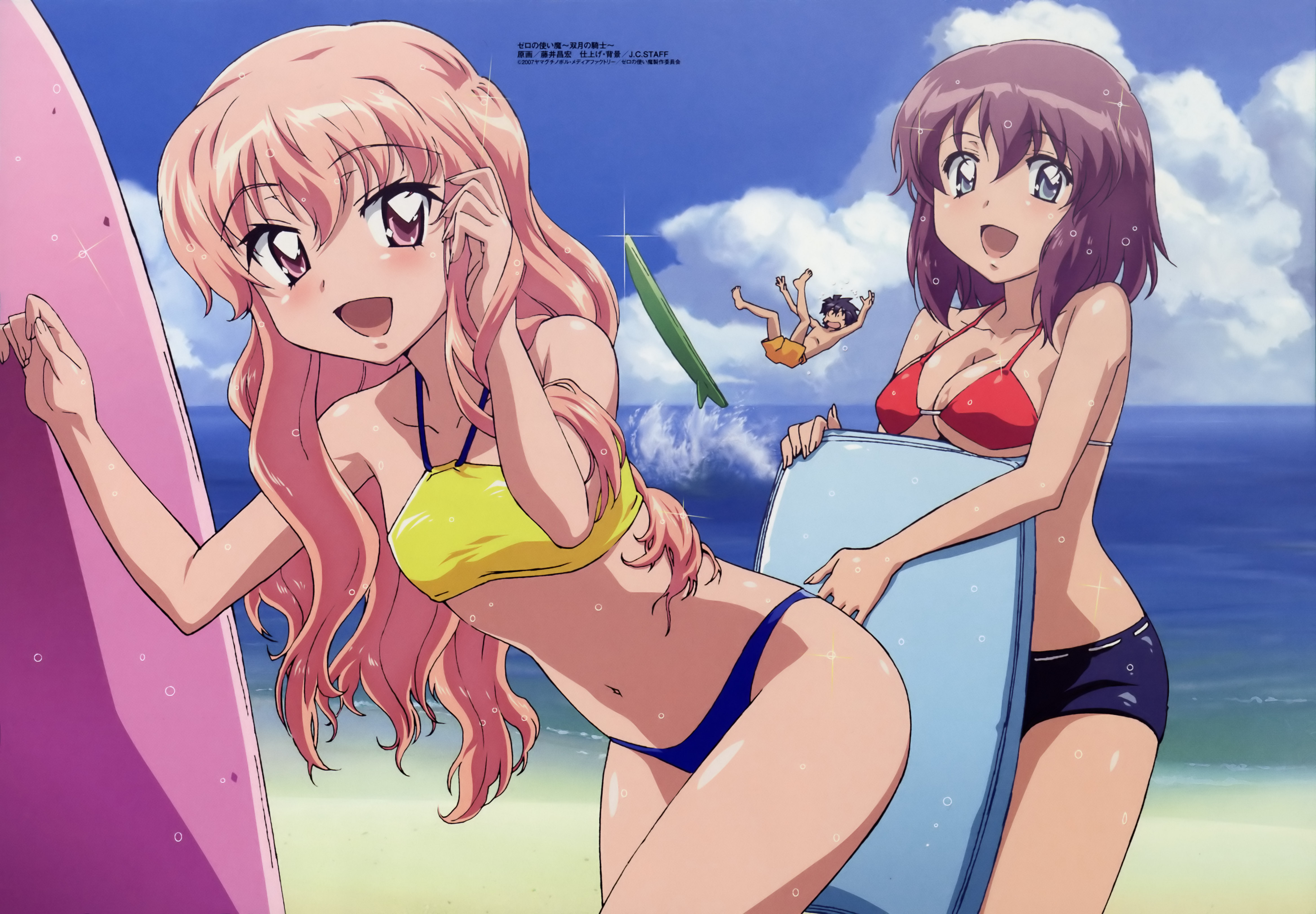 fujii masahiro, henrietta de tristain, hiraga saito, louise francoise le blanc de la valliere, zero no tsukaima, absurdres, highres, non-web source, scan, 00s, 1boy, 2girls, beach, bikini, bikini shorts, blue bikini, blue eyes, blush, breasts, cleavage, cloud, cowboy shot, day, from side, hair between eyes, halterneck, hand in own hair, happy, leaning forward, long hair, male swimwear, medium breasts, midriff, mismatched bikini, multiple girls, navel, ocean, open mouth, orange male swimwear, orange swim trunks, outdoors, pink eyes, pink hair, purple hair, red bikini, short hair, shorts, sky, smile, sparkle, spiked hair, splashing, standing, surfboard, swim trunks, swimsuit, text focus, topless male, underboob, very long hair, water, wavy hair, wet, wet hair, wide-eyed, yellow bikini