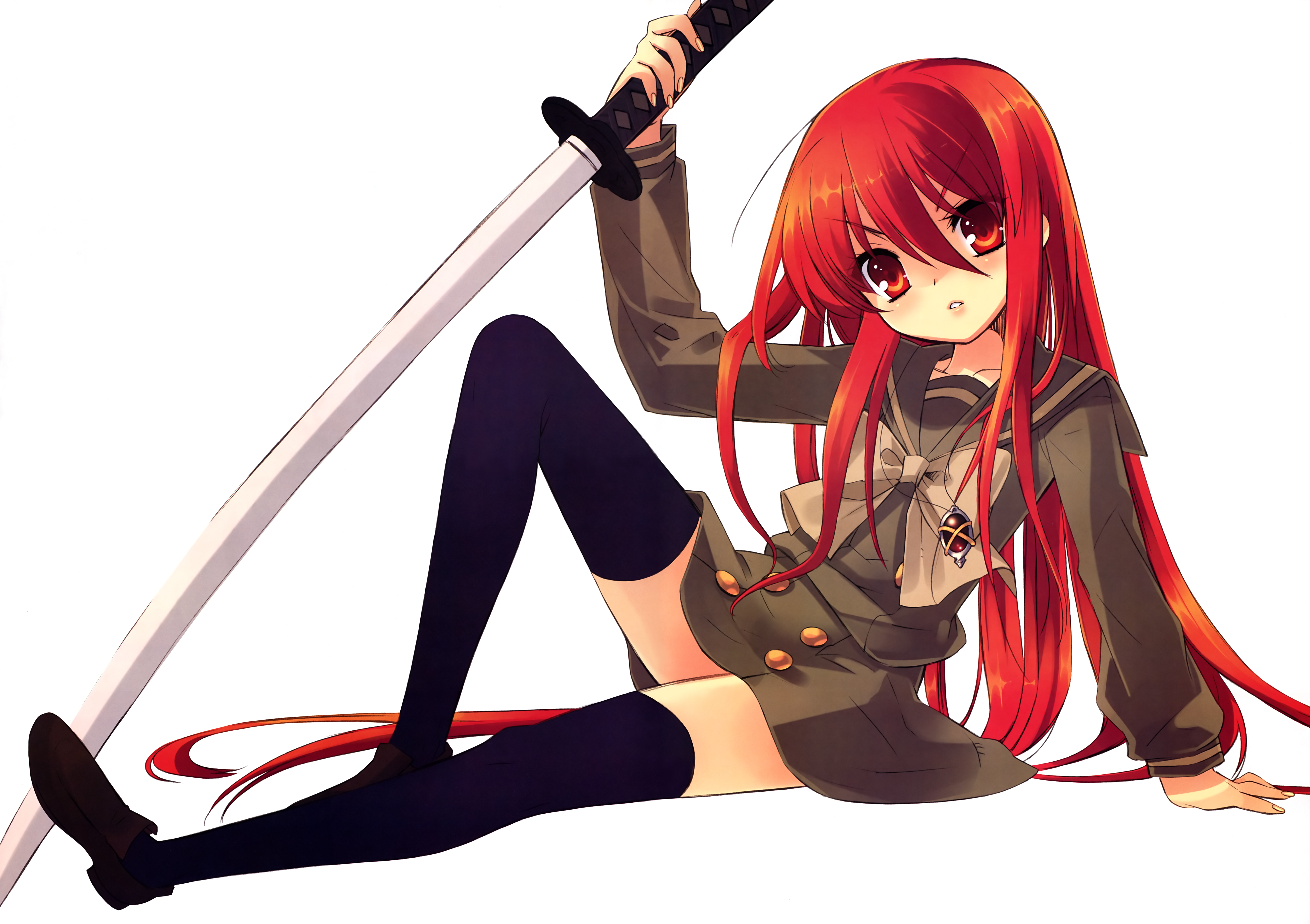ito noizi, shana, shakugan no shana, absurdres, highres, 00s, 1girl, female focus, full body, long hair, red eyes, red hair, school uniform, serafuku, simple background, solo, sword, thighhighs, weapon