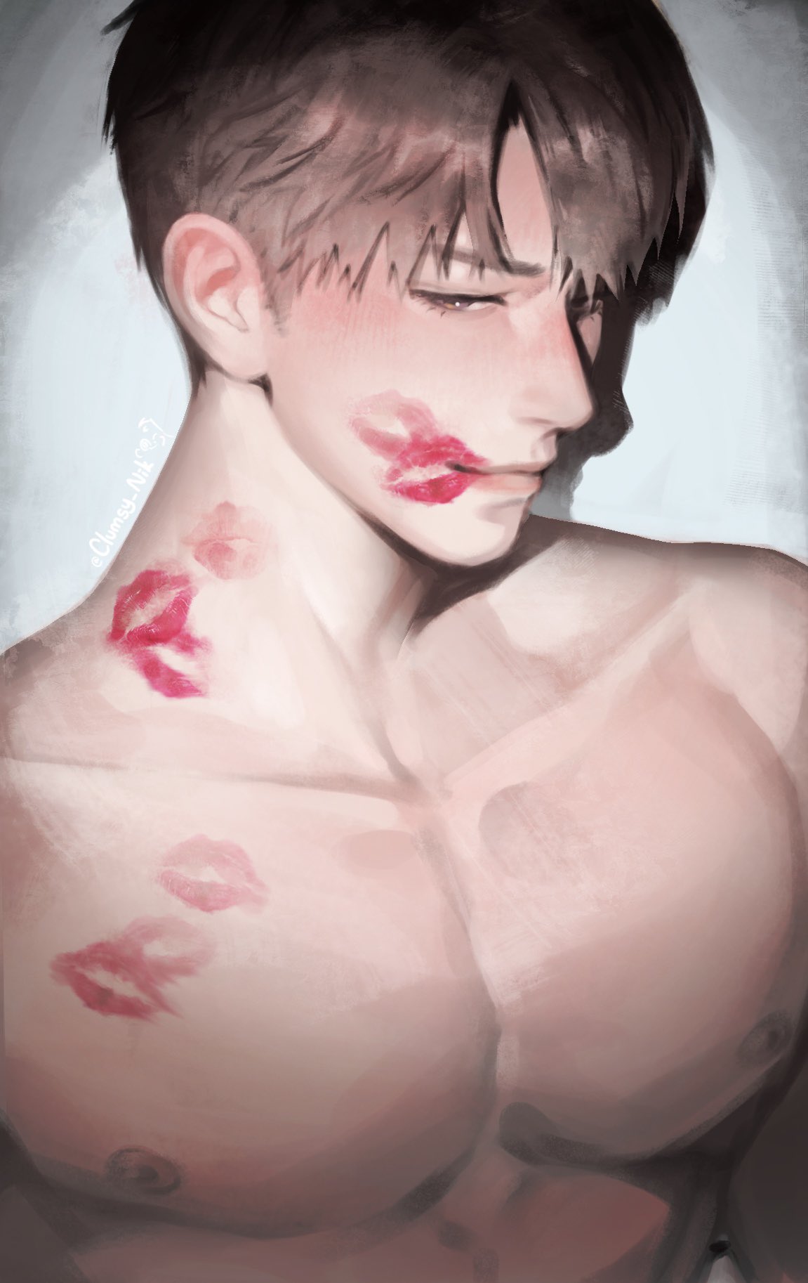 caleb (love and deepspace), love and deepspace, commentary, english commentary, highres, 1boy, blush, brown eyes, brown hair, closed mouth, collarbone, lipstick mark, lipstick mark on chest, lipstick mark on face, looking to the side, male focus, nikiclumsy, nipples, nude, pectorals, short hair, smile, solo, upper body