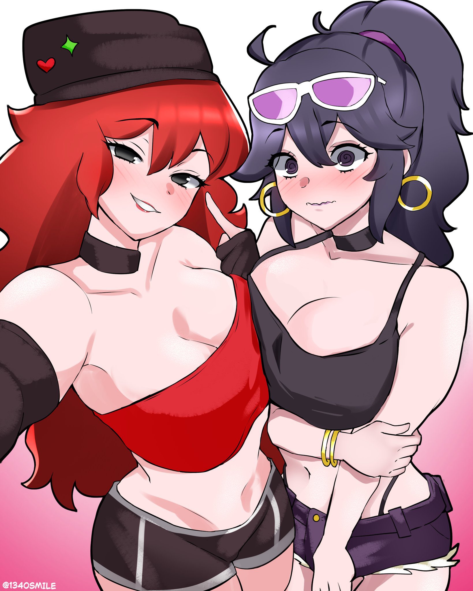 1340smile, girlfriend (friday night funkin'), hex maniac (pokemon), friday night funkin', nintendo, pokemon, commentary, highres, 2girls, @ @, ahoge, bare shoulders, beanie, black choker, black eyes, black gloves, black hair, black hat, black shorts, blush, bracelet, camisole, choker, cutoffs, eyewear on head, gloves, grin, hat, jewelry, long hair, looking at viewer, midriff, multiple girls, navel, ponytail, red hair, red tube top, short shorts, shorts, smile, spaghetti strap, stomach, strapless, sunglasses, tube top, very long hair, white background