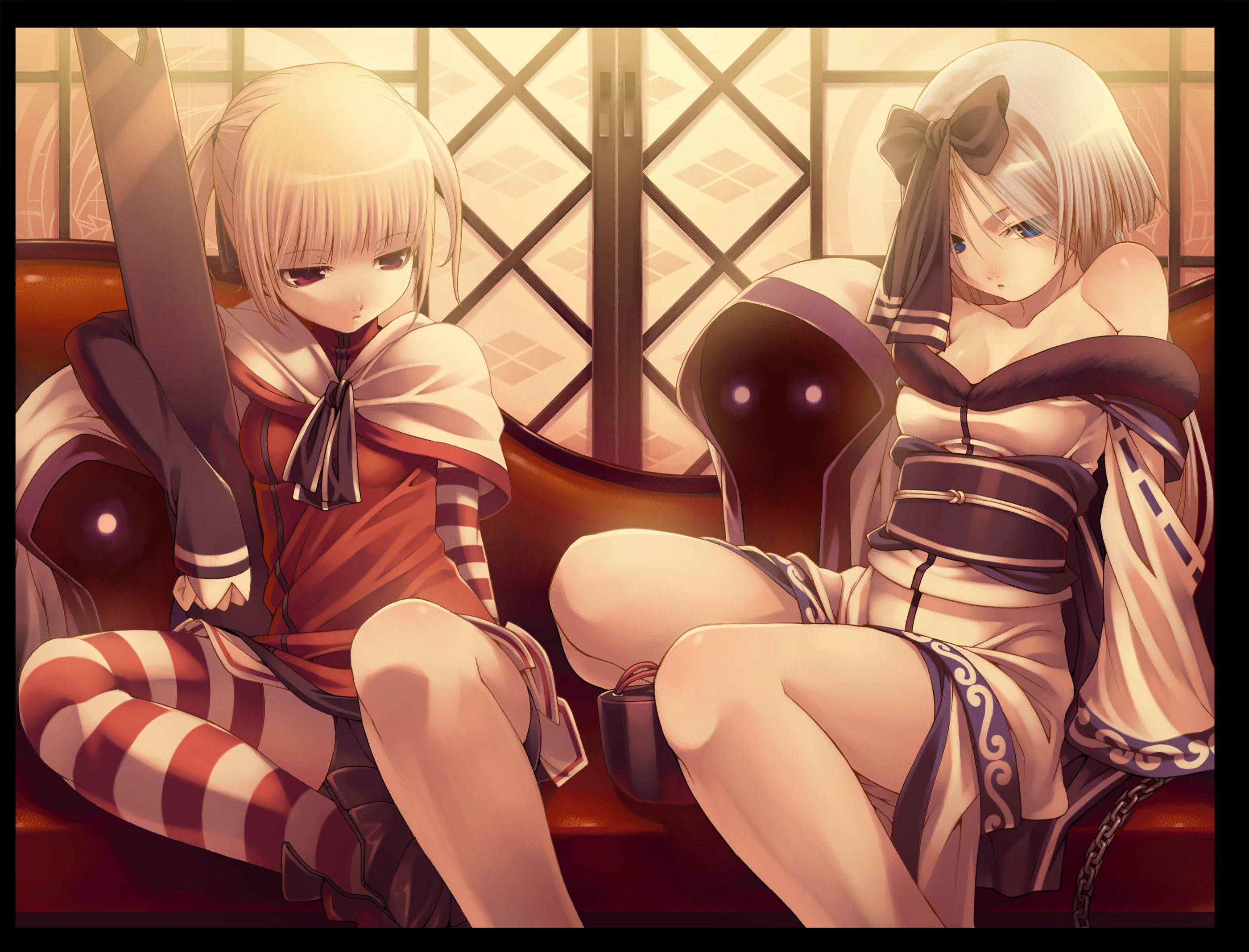 tasaka shinnosuke, kuroba nao, mizuha, hitokata no ou, striped legwear, highres, 2girls, blonde hair, blue eyes, glowing, glowing eyes, japanese clothes, lolita fashion, multiple girls, red eyes, ribbon, short hair, sitting, striped clothes, striped thighhighs, thighhighs, wa lolita
