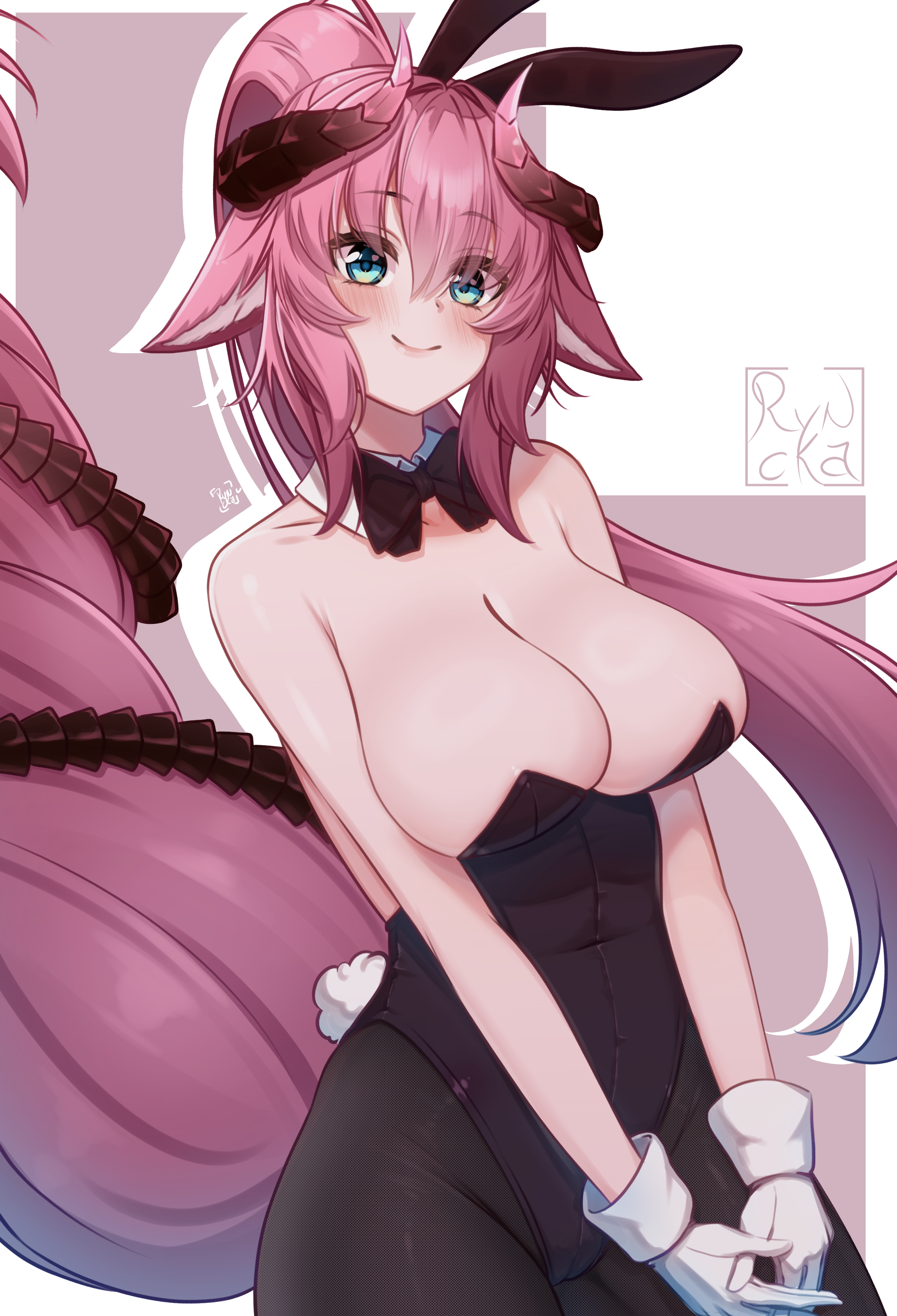 ryncka, irelyth (vtuber), indie virtual youtuber, 1girl, animal ears, artist name, bare shoulders, between legs, black bow, black bowtie, black leotard, black pantyhose, blue eyes, blush, bow, bowtie, breasts, cleavage, closed mouth, collar, collarbone, cowboy shot, detached collar, dot nose, dragon girl, dragon horns, dragon tail, fake animal ears, fake tail, female focus, gloves, hand between legs, horns, large breasts, leotard, long hair, looking at viewer, pantyhose, pink background, pink hair, playboy bunny, ponytail, rabbit ears, rabbit tail, simple background, smile, solo, standing, strapless, strapless leotard, tail, two-tone background, v arms, virtual youtuber, white background, white collar, white gloves