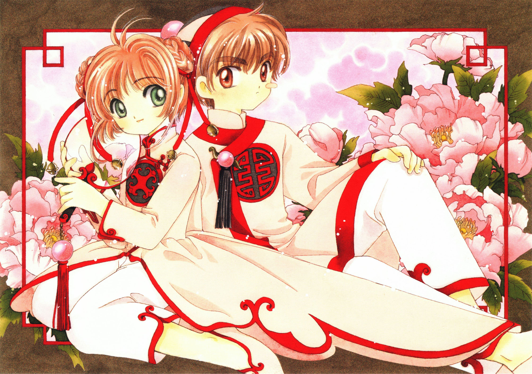 clamp, kinomoto sakura, li syaoran, cardcaptor sakura, white footwear, highres, official art, 1990s (style), 1boy, 1girl, back-to-back, bell, braid, braided bun, brown hair, china dress, chinese clothes, double bun, dress, flower, green eyes, hair bun, hat, looking at viewer, pants, peony (flower), retro artstyle, short hair, tassel, white pants