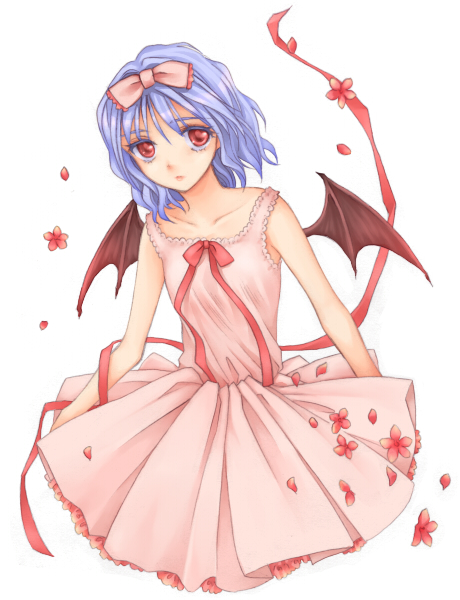 yu (lovepayon), remilia scarlet, touhou, 1girl, dress, female focus, ribbon, solo, white background, wings